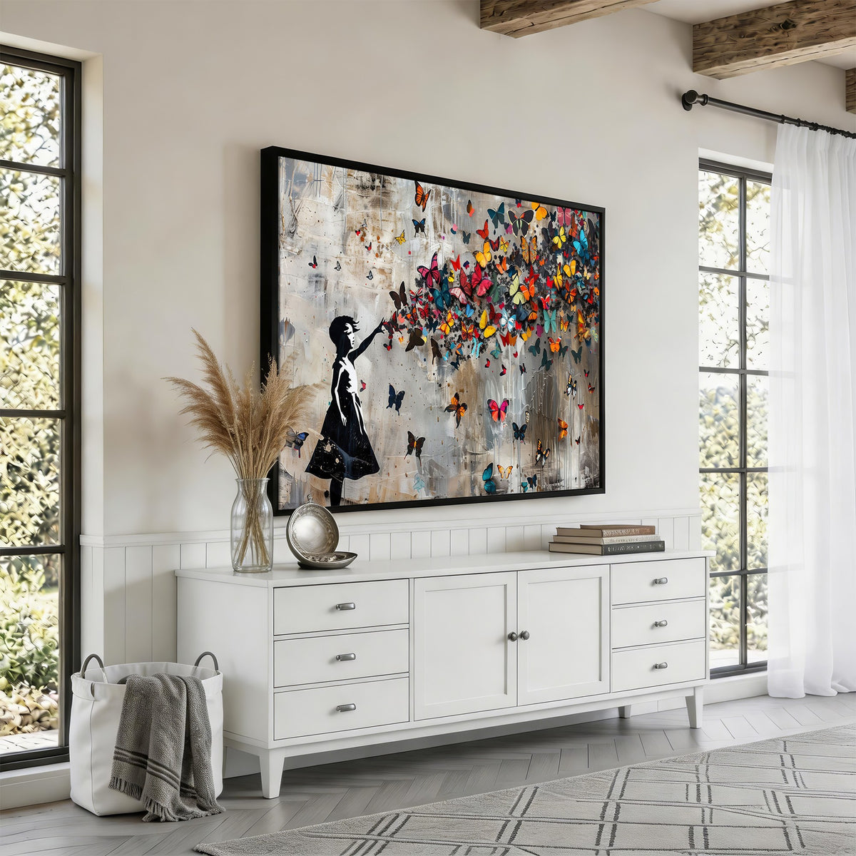 51446D-MGV-CV-24X16 - Banksy Butterfly Girl Wall Art | Modern Graffiti Canvas Print, Street Art Decor