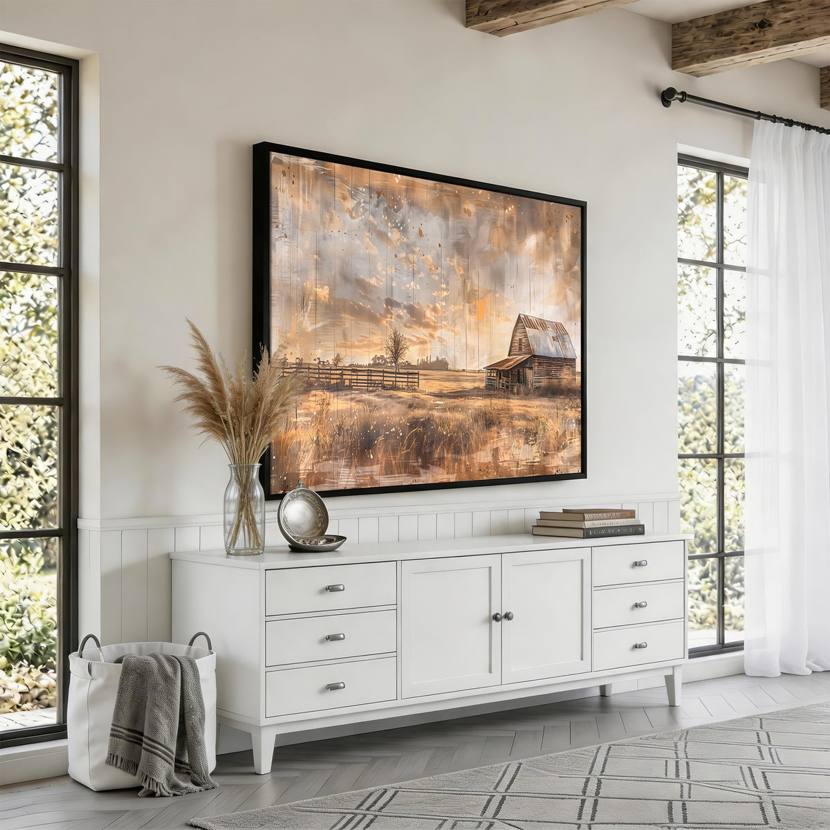 FARM2-MGV-CV-24X16 - Rustic Farmhouse Wall Art Canvas Print | Barn and Field Vintage Country Landscape