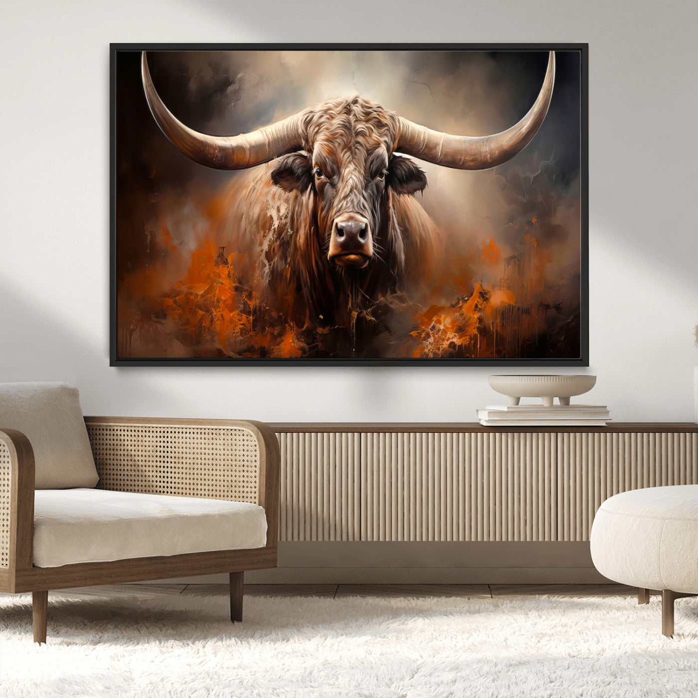 MGV-FC-36X24 - Highland Bull Canvas Abstract Canvas Wall Art Print – Powerful Highland Bull with Striking Horns in