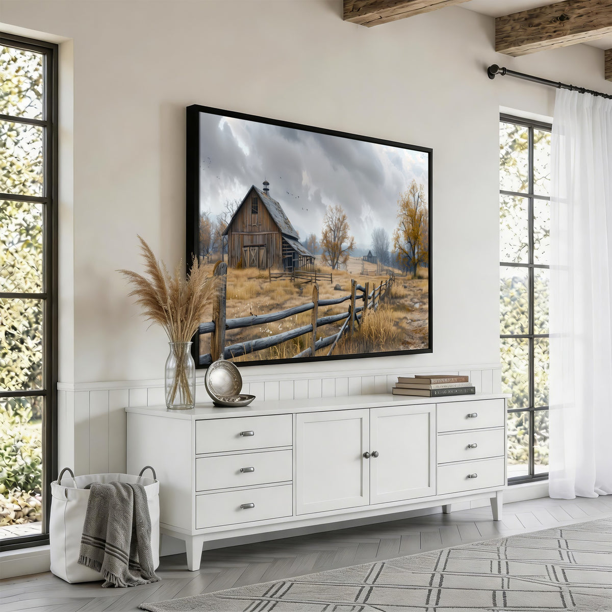 Farm1-MGV-CV-24X16 - Rustic Autumn Farmhouse Wall Art Canvas Print | Serene Countryside with Weathered Barn