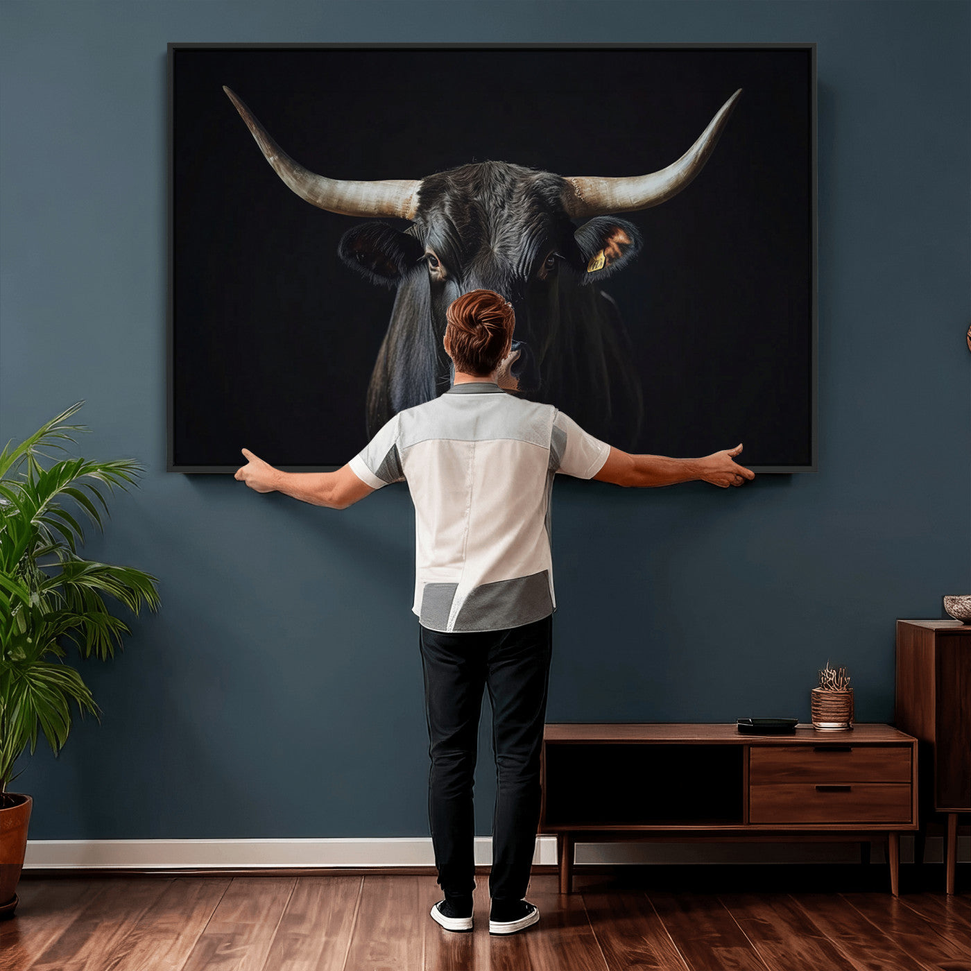 48065167-MGV-CV-36X24 - Texas Longhorn Bull Wall Art Canvas Print – Western Black Bull Art Print for Farmhouse Ranch Decor