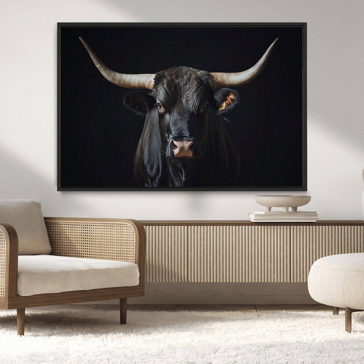 48065167-MGV-CV-36X24-Majestic Longhorn Bull Wall Art Canvas Print – Dark Background Western Ranch Portrait Artwork for Home, Office