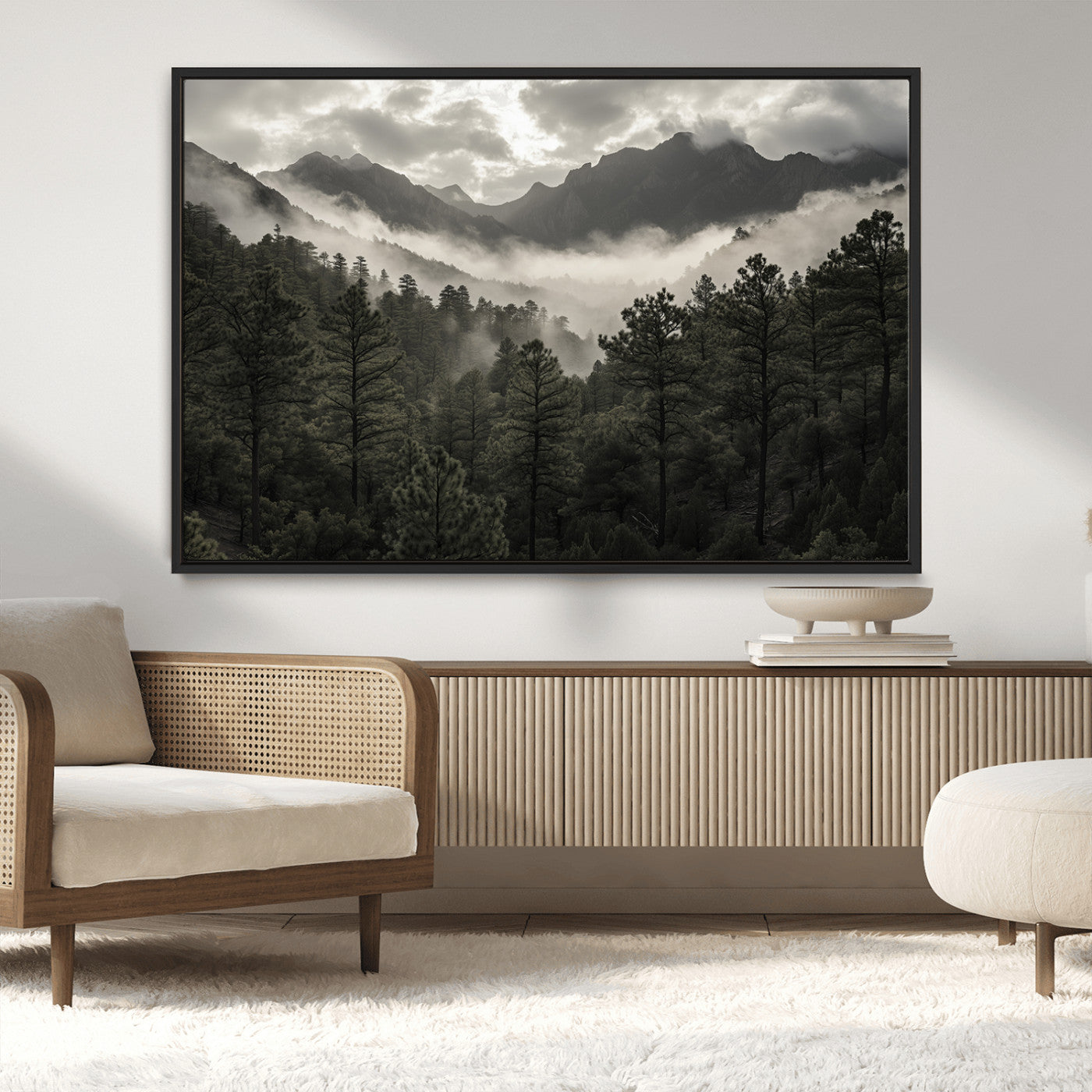 MGV-FC-36X24 - Misty Mountain Forest Wall Art – Canvas Print of Cloudy Peaks, Tranquil Pines, Enchanted Landscape, Majestic Nature Decor for Home or Office