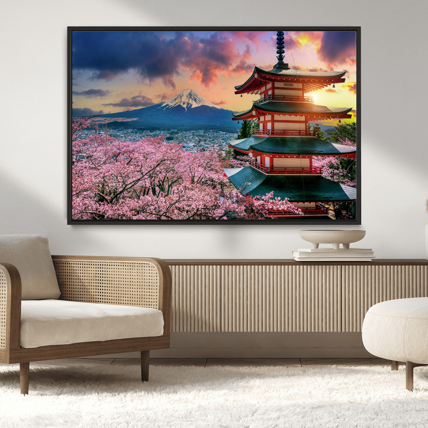 MGV-FC-36X24 - Mount Fuji & Cherry Blossom Wall Art Canvas Print – Iconic Japanese Landscape, Sakura Pagoda Sunset,