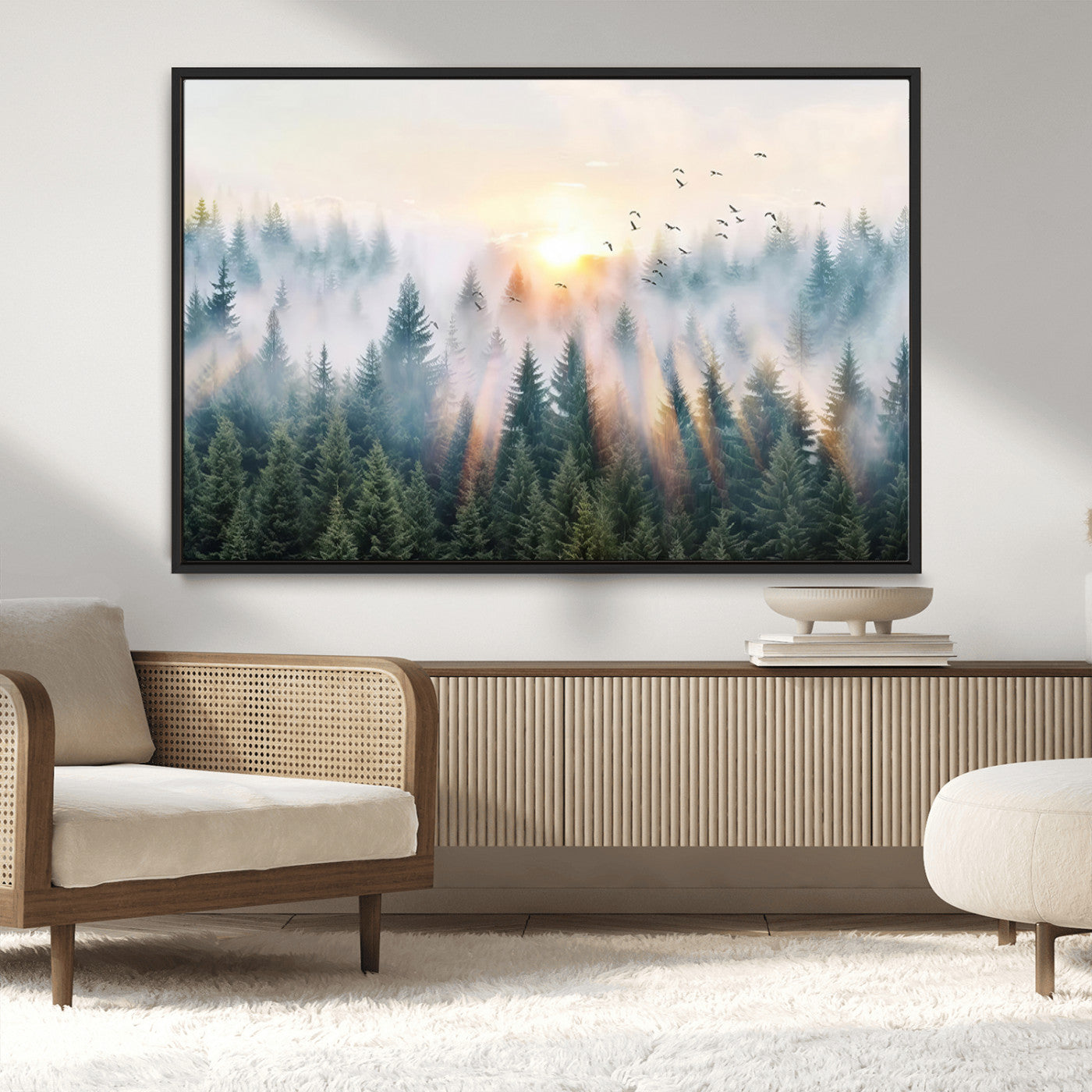 MGV-FC-36X24 - Misty Pine Forest Wall Art Canvas, Sunrise Over Foggy Trees Canvas for Home - Office, Framed