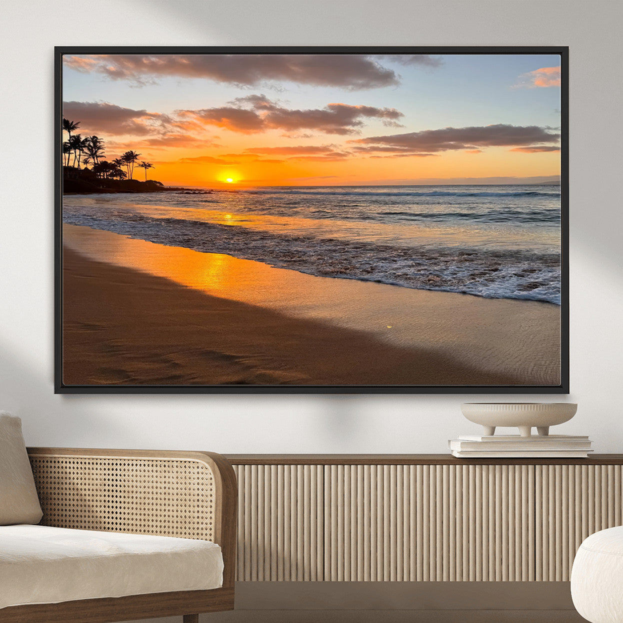 MGV-FC-36X24 - Sunset Glow Wall Art – Canvas Print of Ocean Breeze, Golden Sand, Tropical Palm Silhouettes, Tranquil Waves, Beach Nature Decor for Home