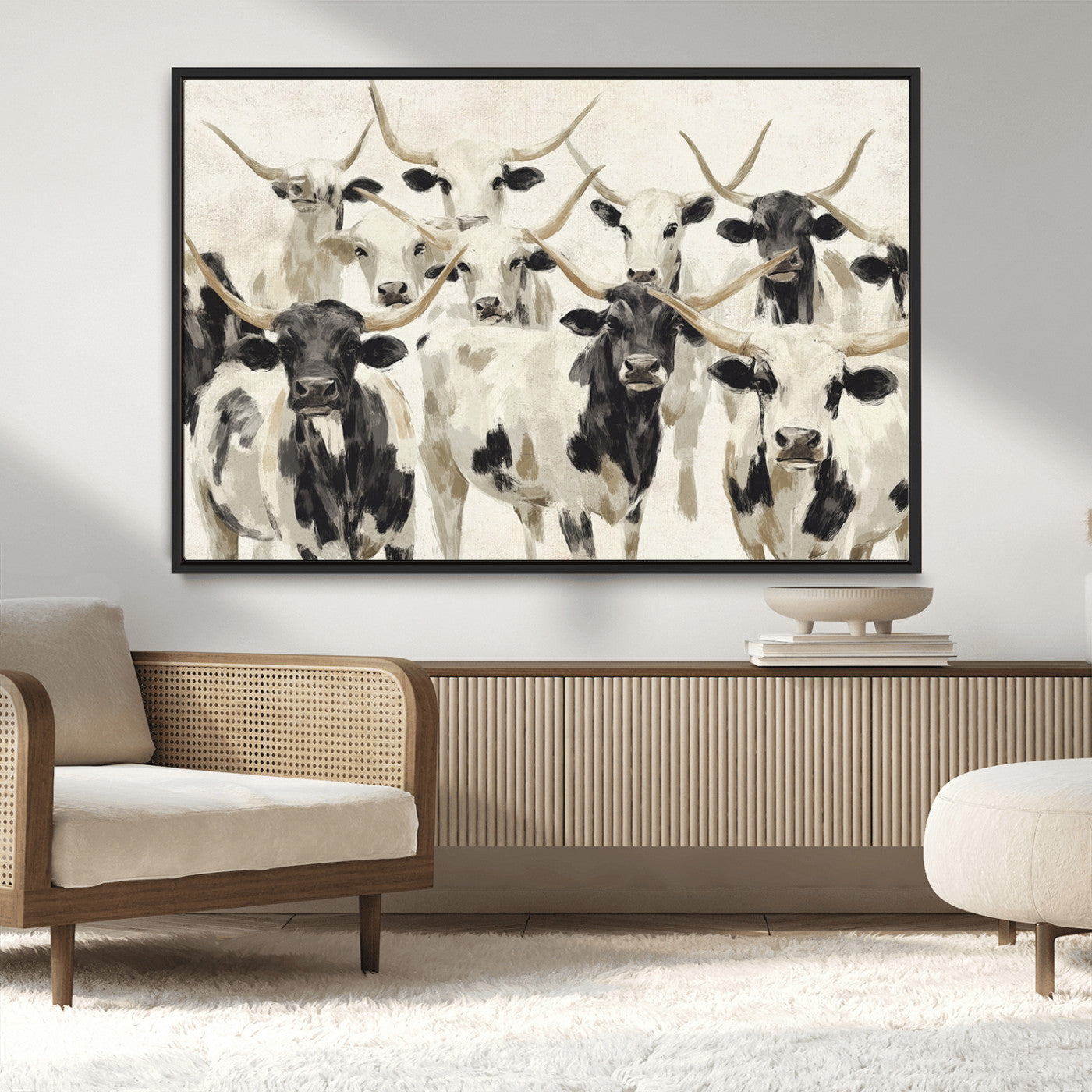 MGV-FC-36X24 - Longhorn Texas Cow Drawing Abstract Wall Art Canvas Print for Farmhouse Decor, Texas Bull Printing