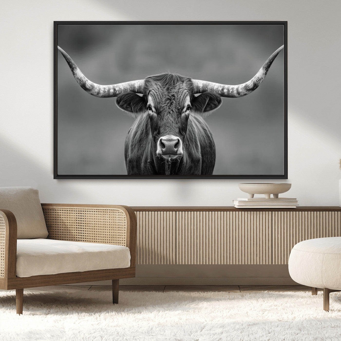 MGV-FC-36X24 - Framed Texas Longhorn Bull Art Canvas Print, Western Bull Wall Art Print, Long Horn Bull Photo Print