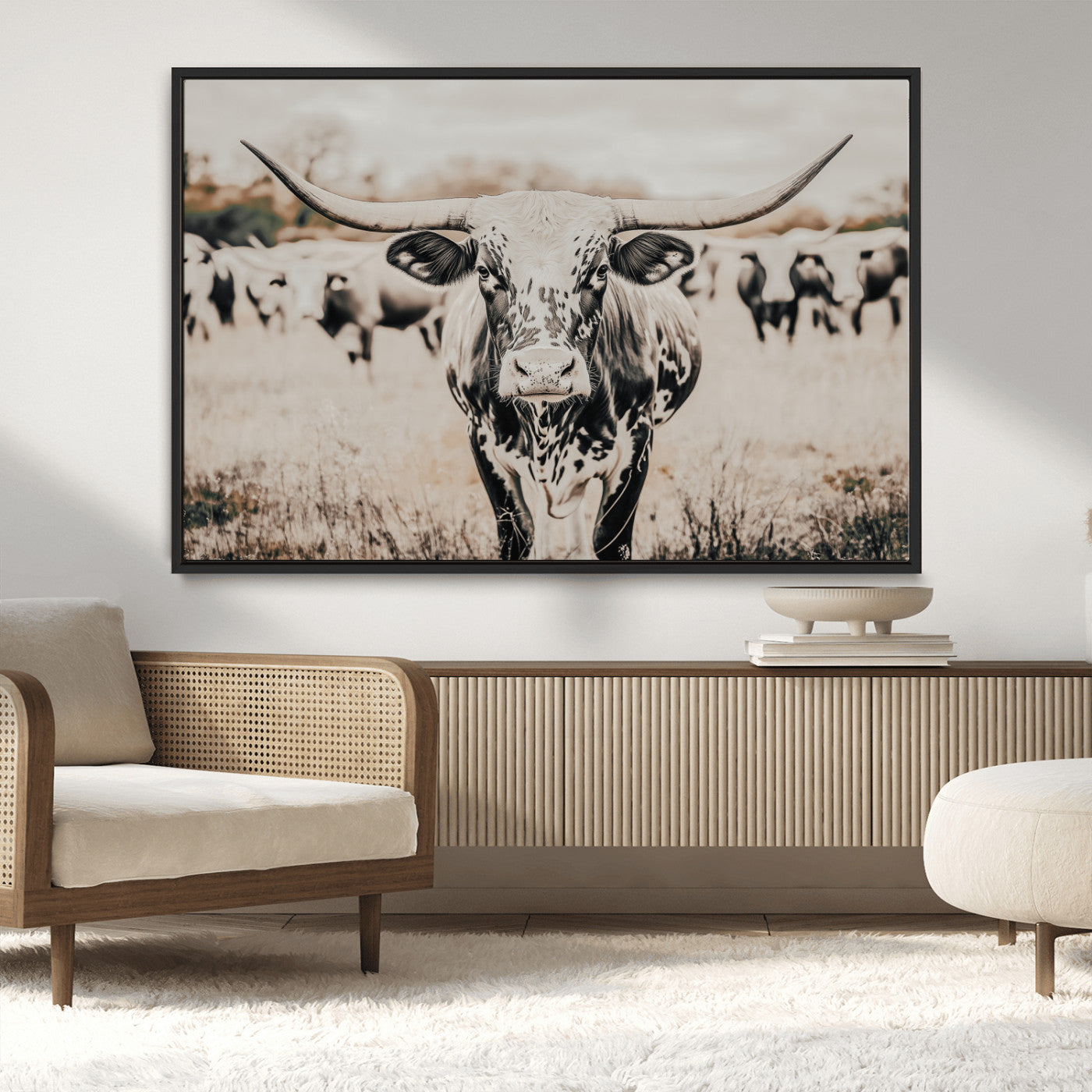 MGV-FC-36X24 - Texas Longhorn Wall Art Canvas Print, Framed Speckled Cow Art Picture Print, Horned Cattle Perfect Rustic Western Decor Artwork