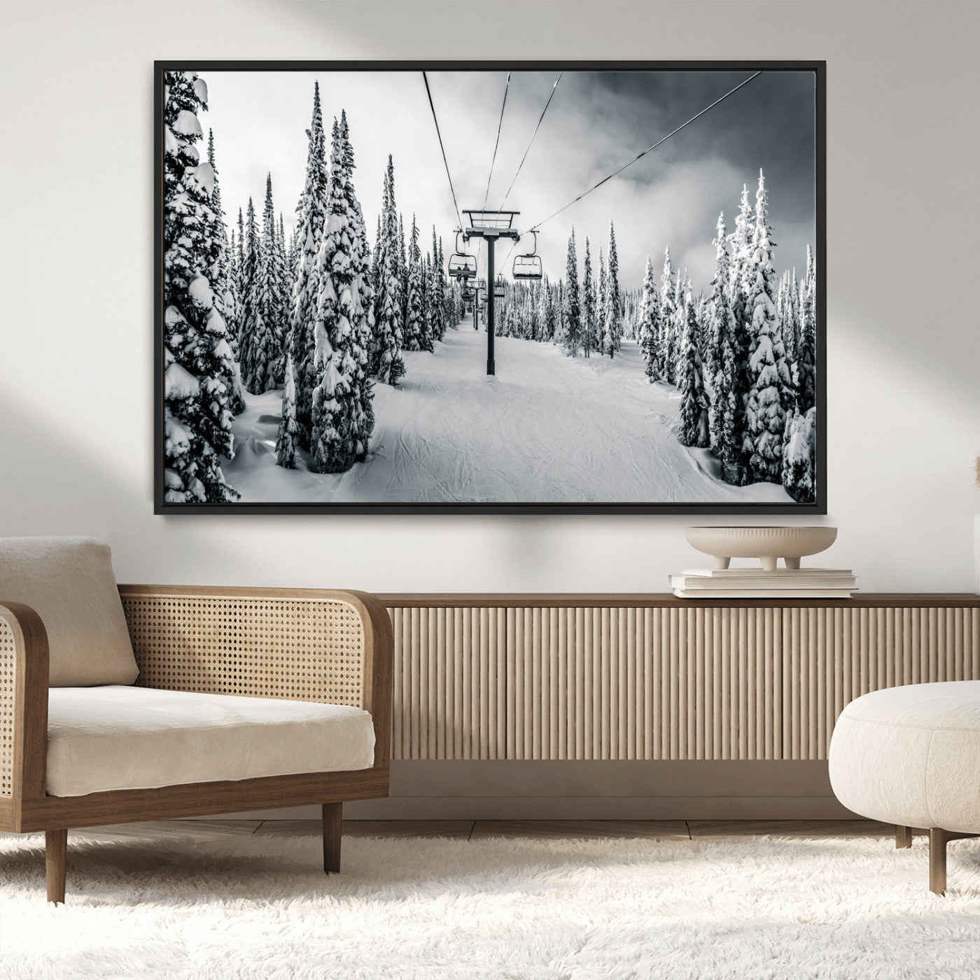 MGV-FC-36X24 - Snowy Pines Wall Art Canvas Print, Framed Ski Lift Art Picture Print, Winter Forest Perfect Moody Lodge Decor Artwork