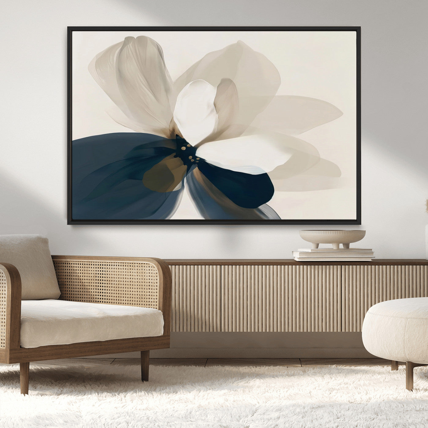 MGV-FC-36X24 - Minimal Flower Wall Art Canvas Print, Framed Flower Drawing Art Picture Print, Beige Bloom Perfect Modern Botanical Decor Artwork