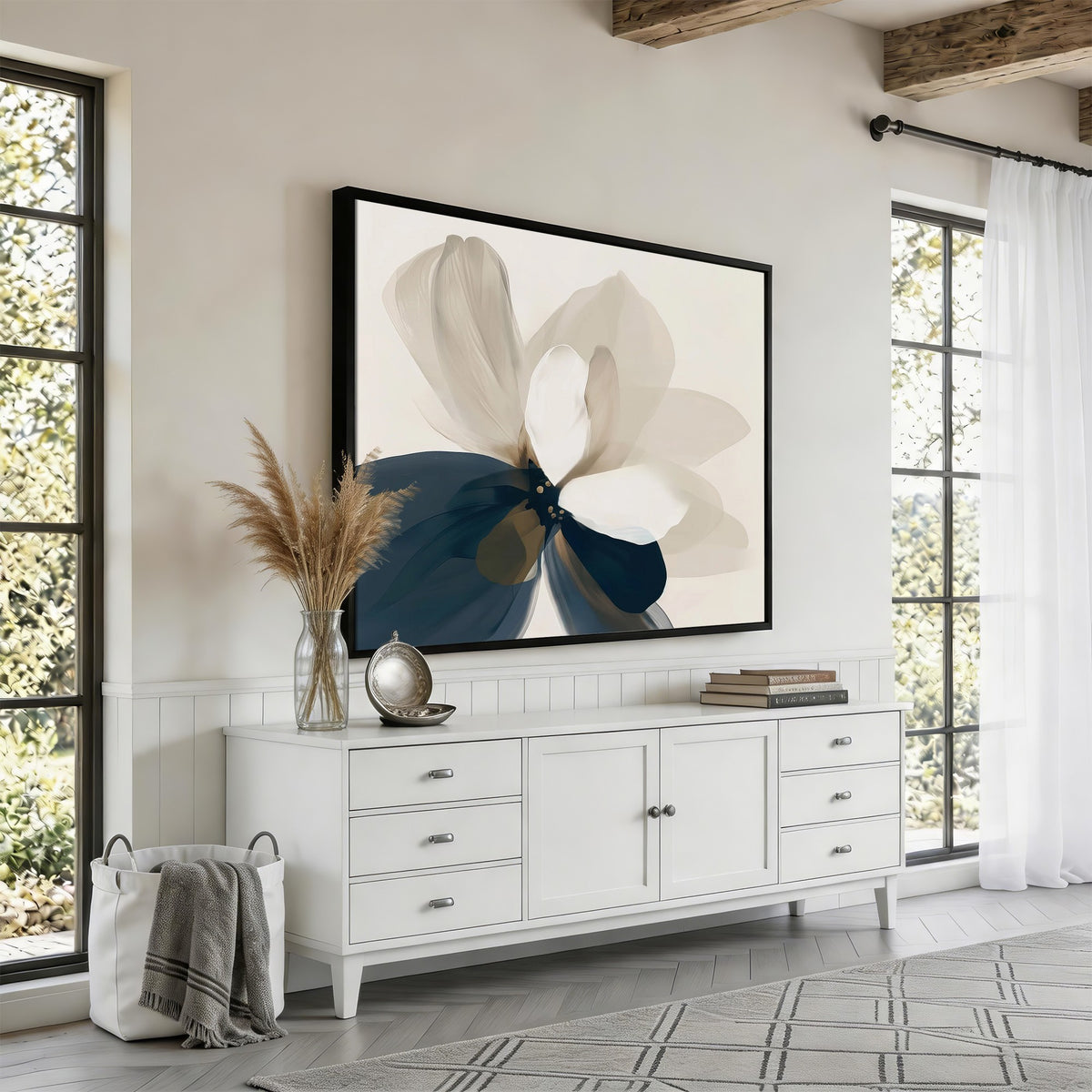 42188901-MGV-CV-24X16 - Minimal Flower Wall Art Canvas Print | Framed Beige and Navy Bloom