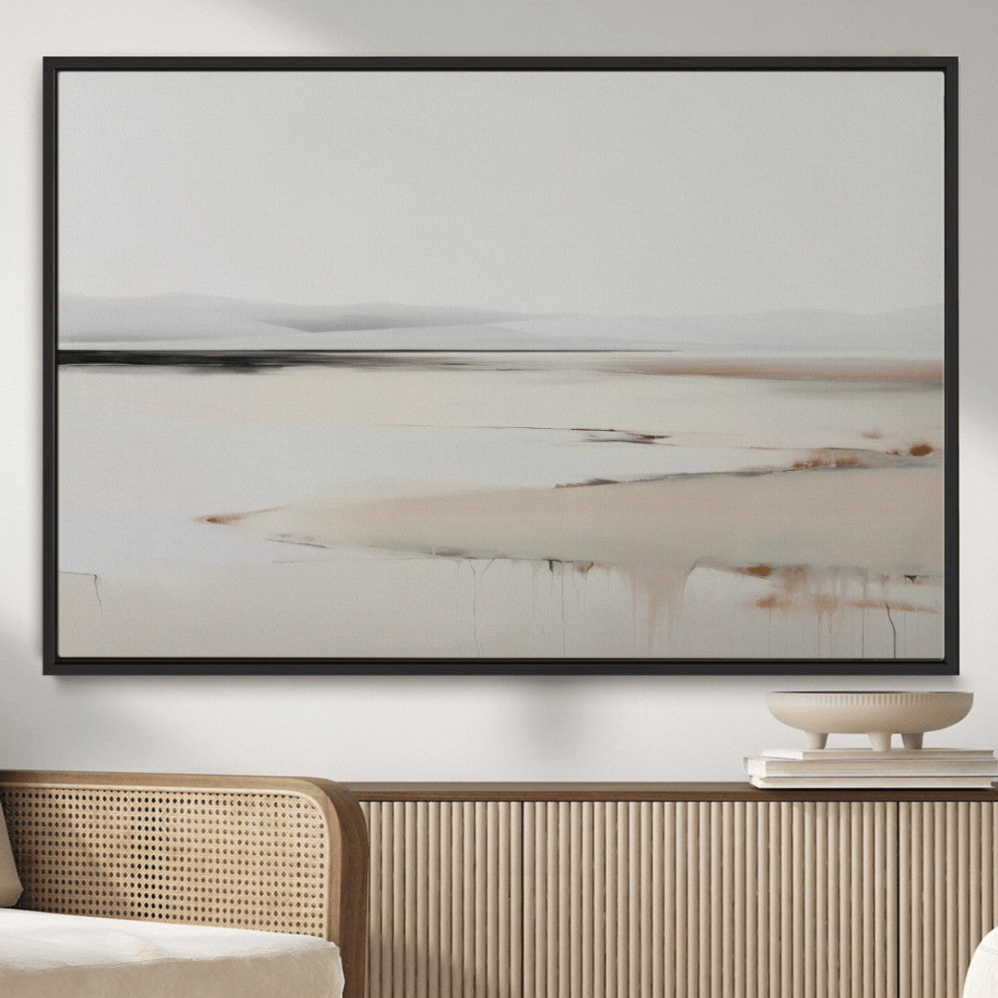 89410095-MGV-CV-36X24-Minimalist Landscape Wall Art Canvas Print – Framed Soft Horizon Abstract Seascape Earthy Tones Artwork for Home Office