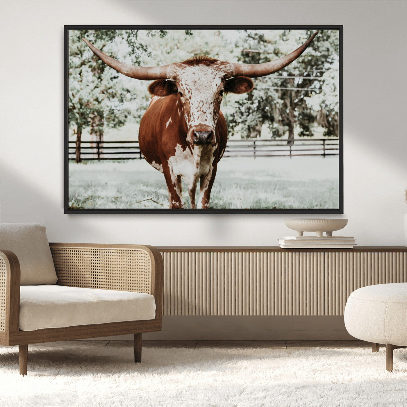 MGV-FC-36X24 - Texas Longhorn Wall Art Canvas Print, Framed Spotted Cow Art Picture Print, Horned Cattle Perfect Rustic Western Decor Artwork