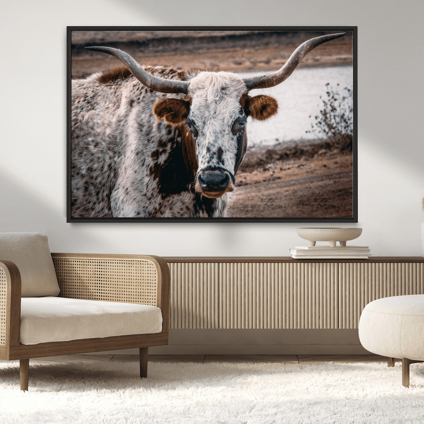 MGV-FC-36X24 - Texas Longhorn Wall Art Canvas Print, Framed Spotted Cow Art Picture Print, Horned Cattle Perfect Rustic Western Decor Artwork