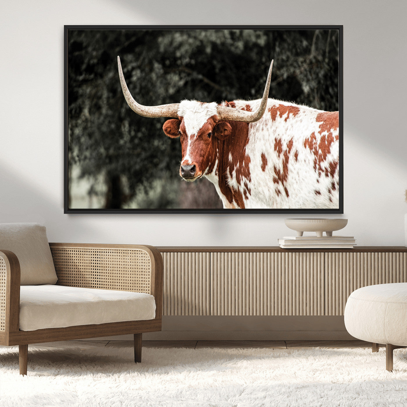 MGV-FC-36X24 - Texas Longhorn Wall Art Canvas Print, Framed Spotted Cow Art Picture Print, Horned Bull Perfect Rustic Western Decor Artwork