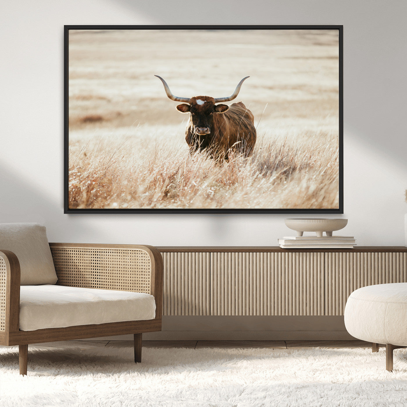 MGV-FC-36X24 - Texas Longhorn Wall Art Canvas Print, Framed Brown Cattle Art Picture Print, Horned Bull Perfect Rustic Western Decor Artwork