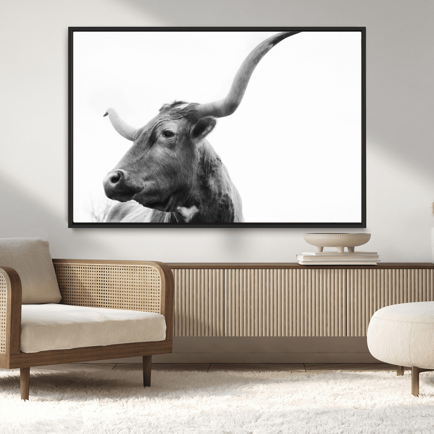 MGV-FC-36X24 - Longhorn Wall Art Wall Art Canvas Print, Framed Modern Ranch Style Art Art Picture Print, Monochrome Cow Print Perfect Rustic Western Decor Artwork