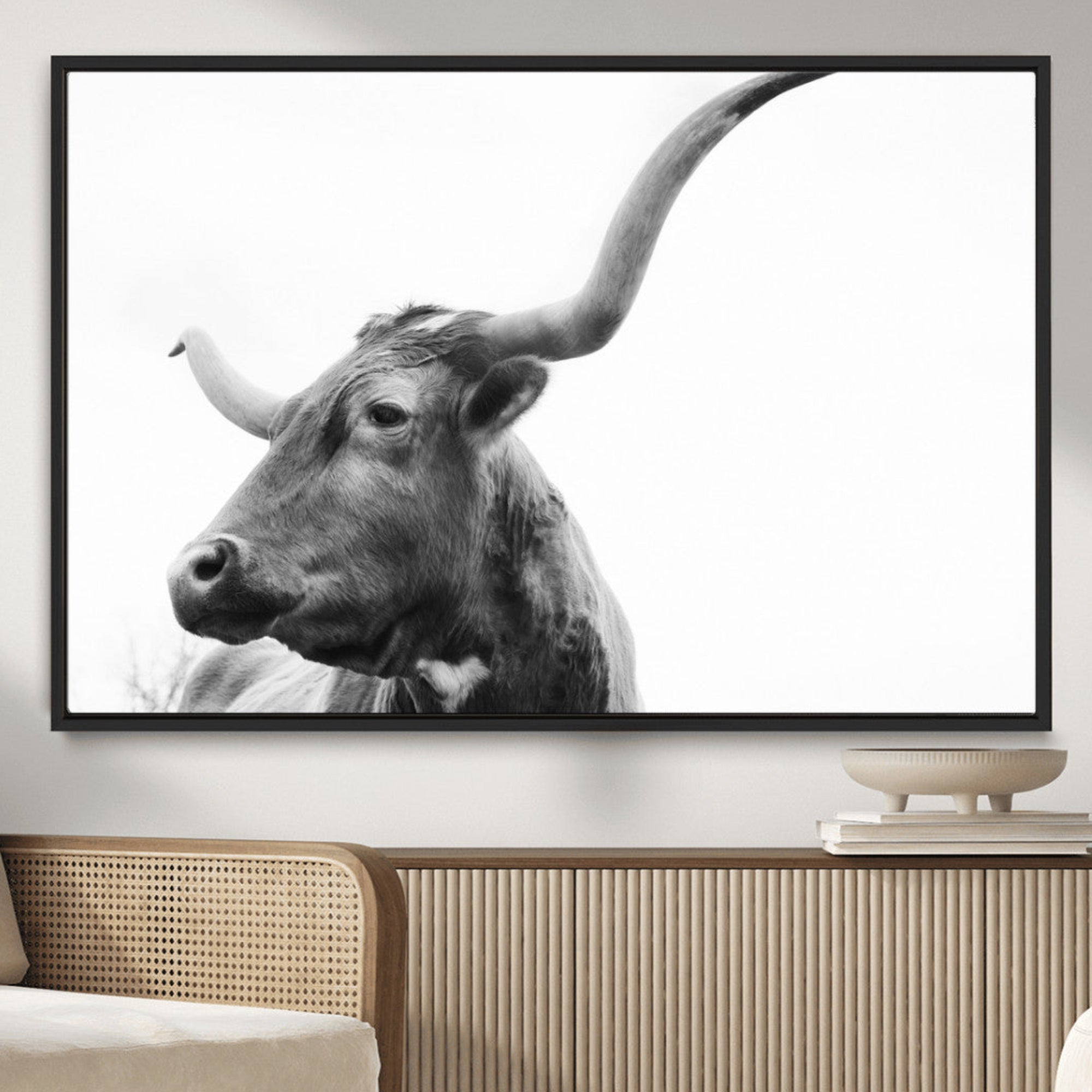 -Longhorn Wall Art Wall Art Canvas Print, Framed Modern Ranch Style Art Art Picture Print, Monochrome Cow Print Perfect Rustic Western Decor Artwork