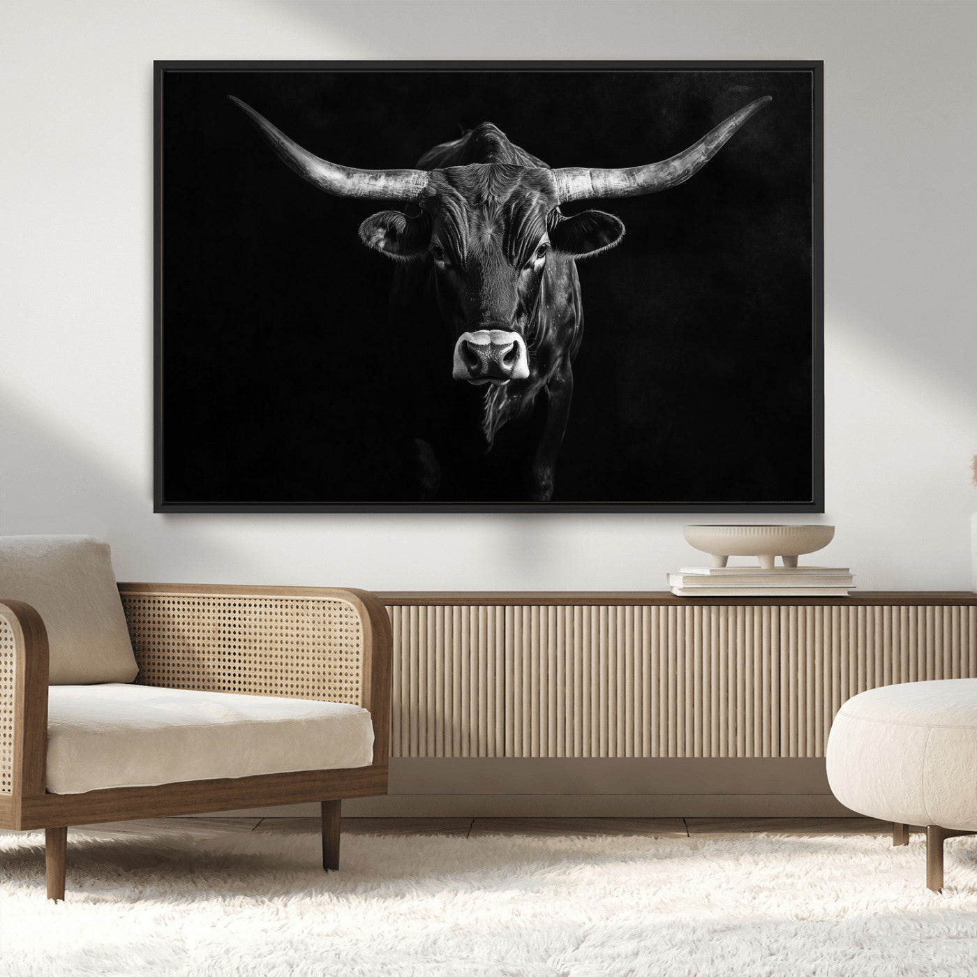 MGV-FC-36X24 - Texas Longhorn Wall Art Canvas Print, Framed Monochrome Bull Art Picture Print, Horned Bull Perfect Rustic Western Decor Artwork