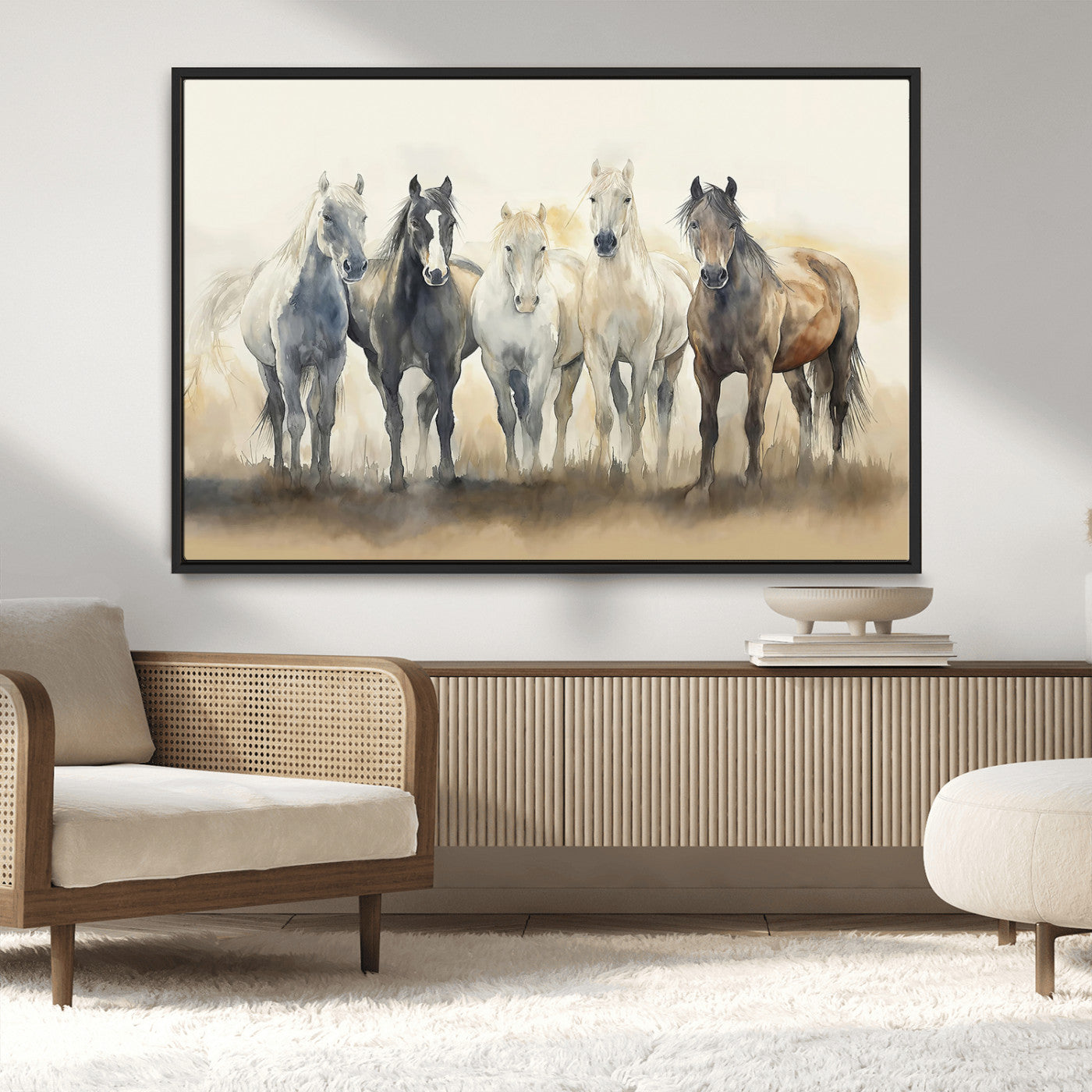 MGV-FC-36X24 - Wild Horses Wall Art Canvas Print, Framed Running Horses Art Picture Print, Watercolor Horses Perfect Rustic Western Decor Artwork