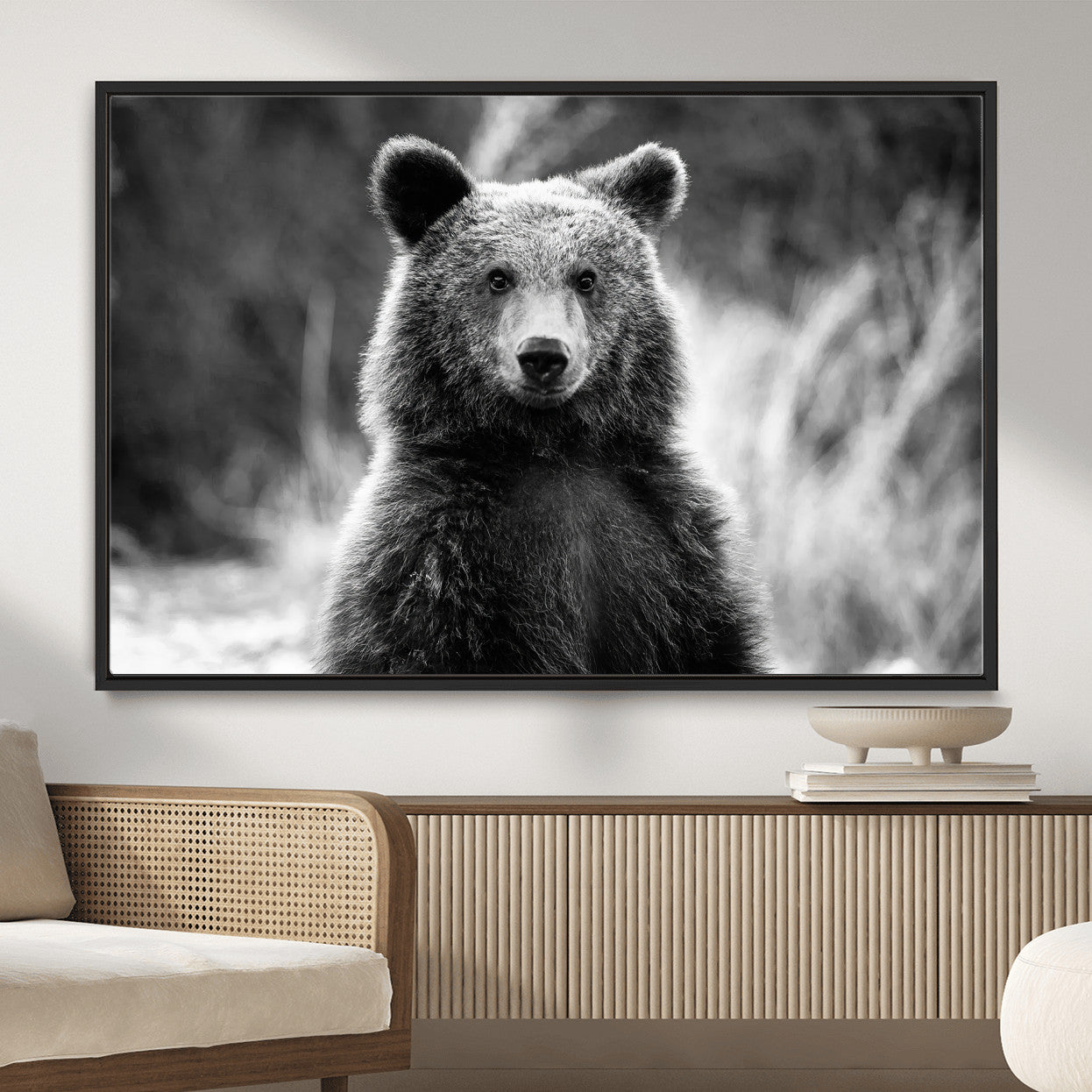 55656803-MGV-CV-36X24-Grizzly Bear Wall Art Canvas Print – Framed Black White Wildlife Rustic Nature Artwork for Home, Office Decor