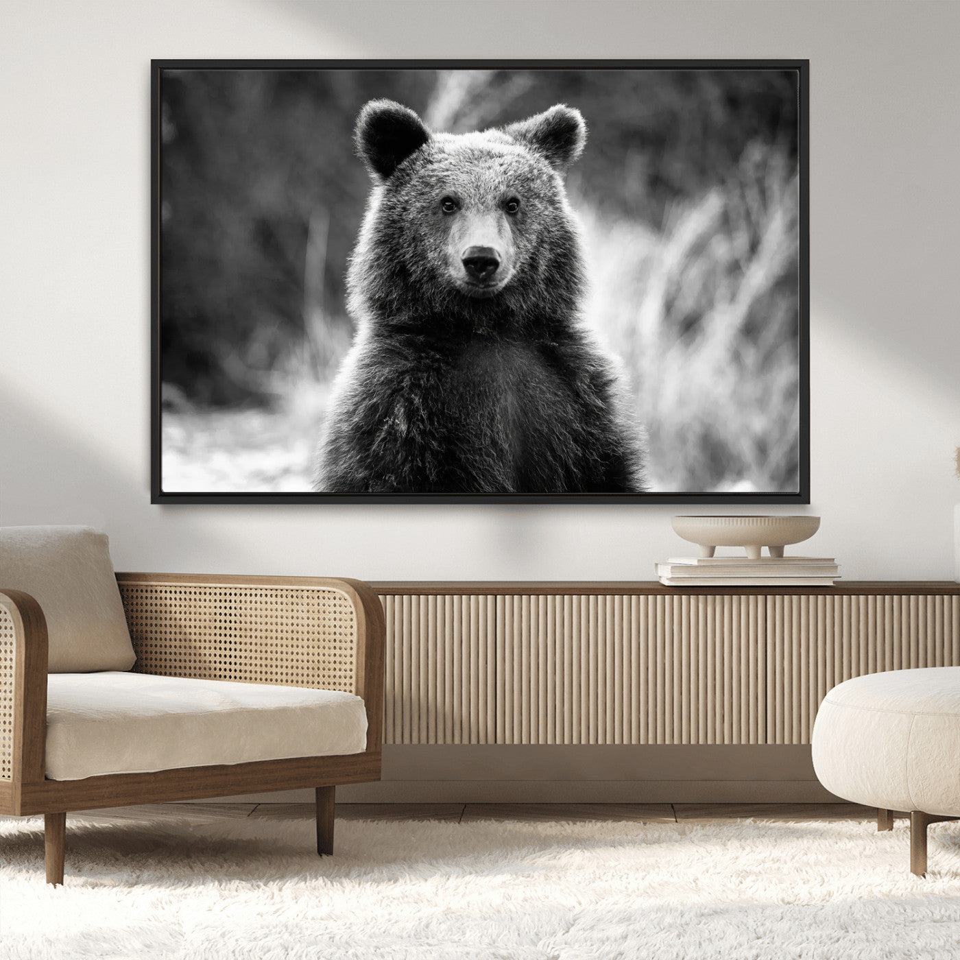 MGV-FC-36X24 - Grizzly Bear Wall Art Canvas Print, Framed Black White Bear Art Picture Print, Wild Bear Perfect Rustic Wildlife Decor Artwork