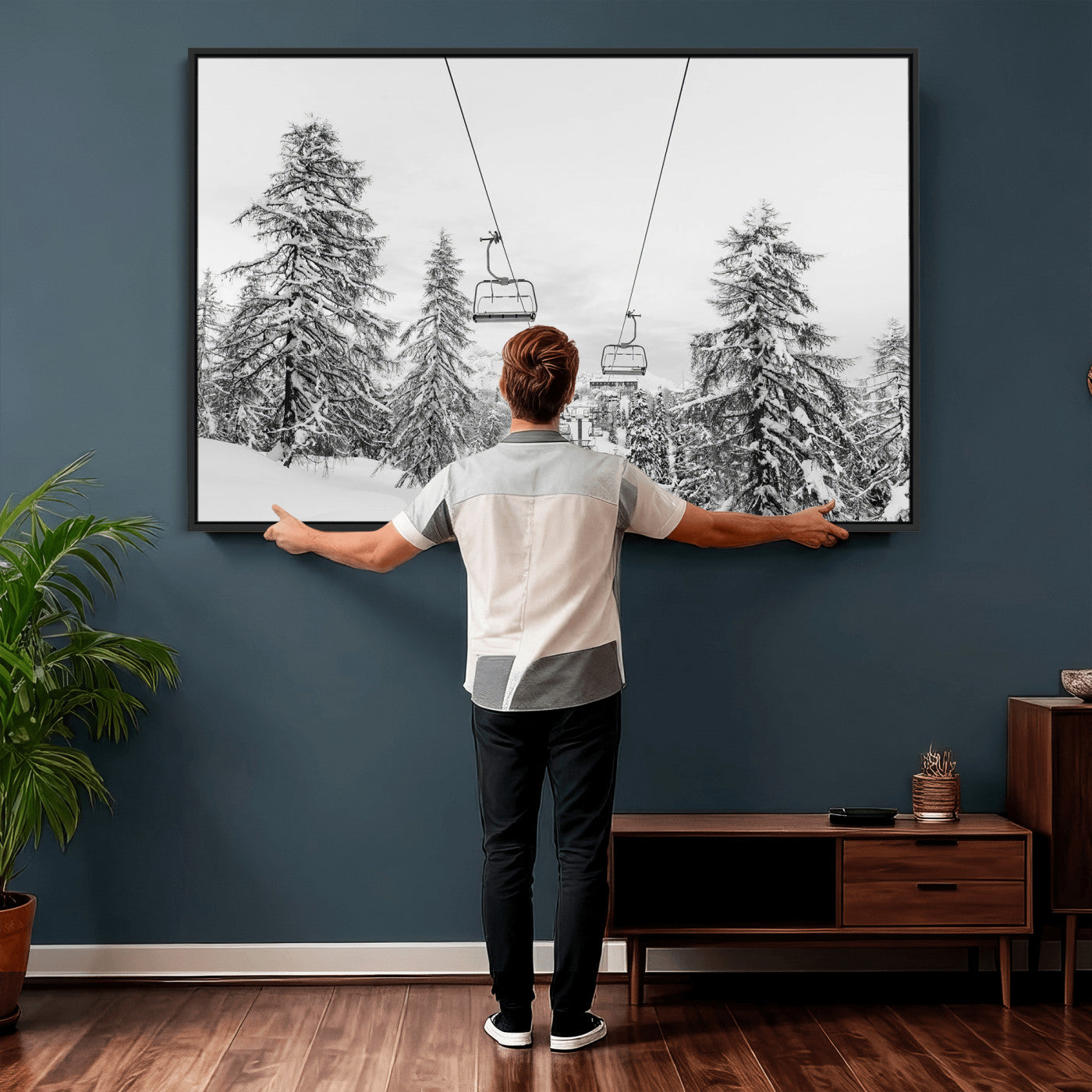 55003599-MGV-CV-36X24 - Snowy Ski Lift Wall Art – Framed Winter Forest Canvas Artwork, Peaceful Mountain Design, Modern Nature Decor for Home, Office