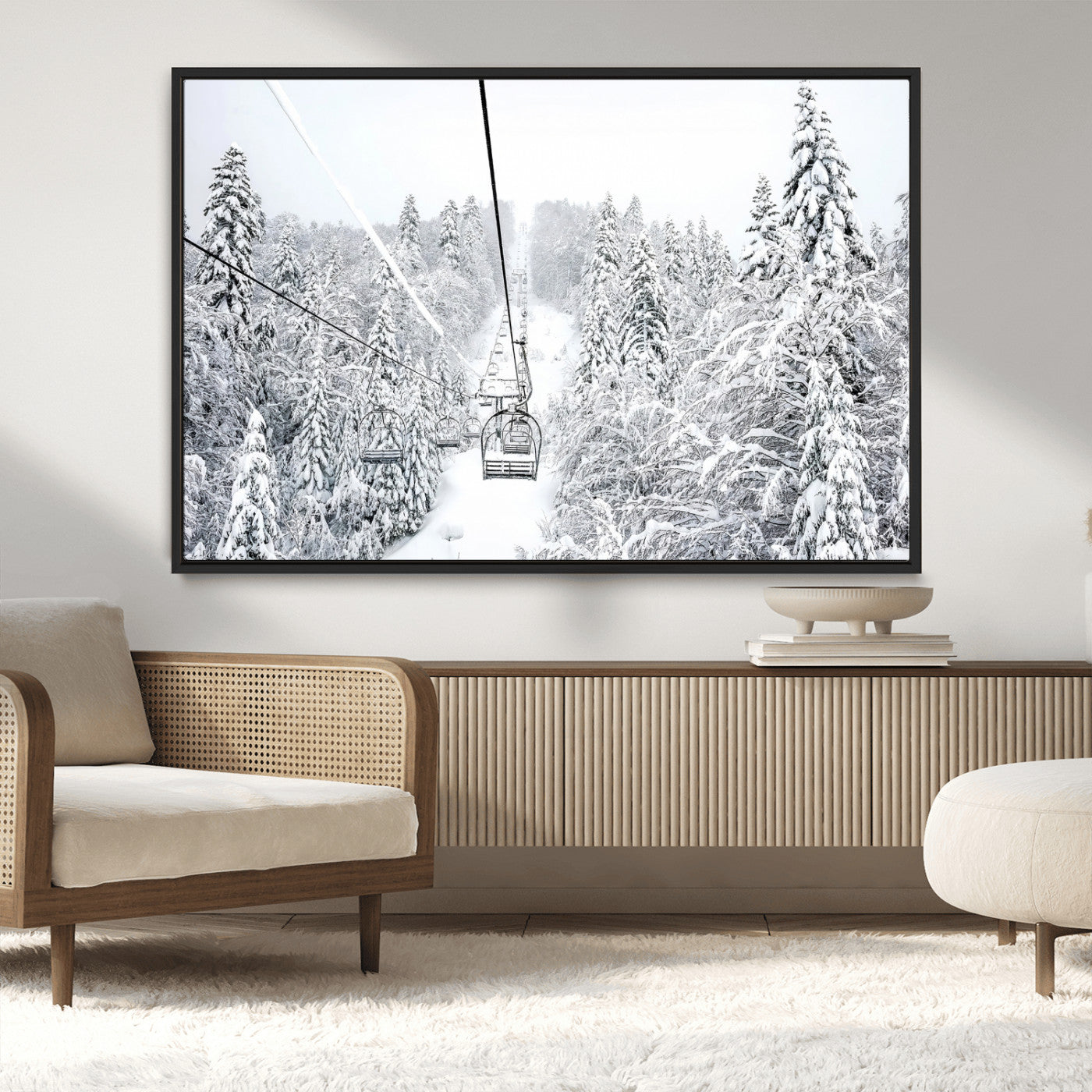 MGV-FC-36X24 - Snowy Mountains Wall Art Canvas Print, Framed Ski Lift Art Picture Print, Winter Forest Perfect