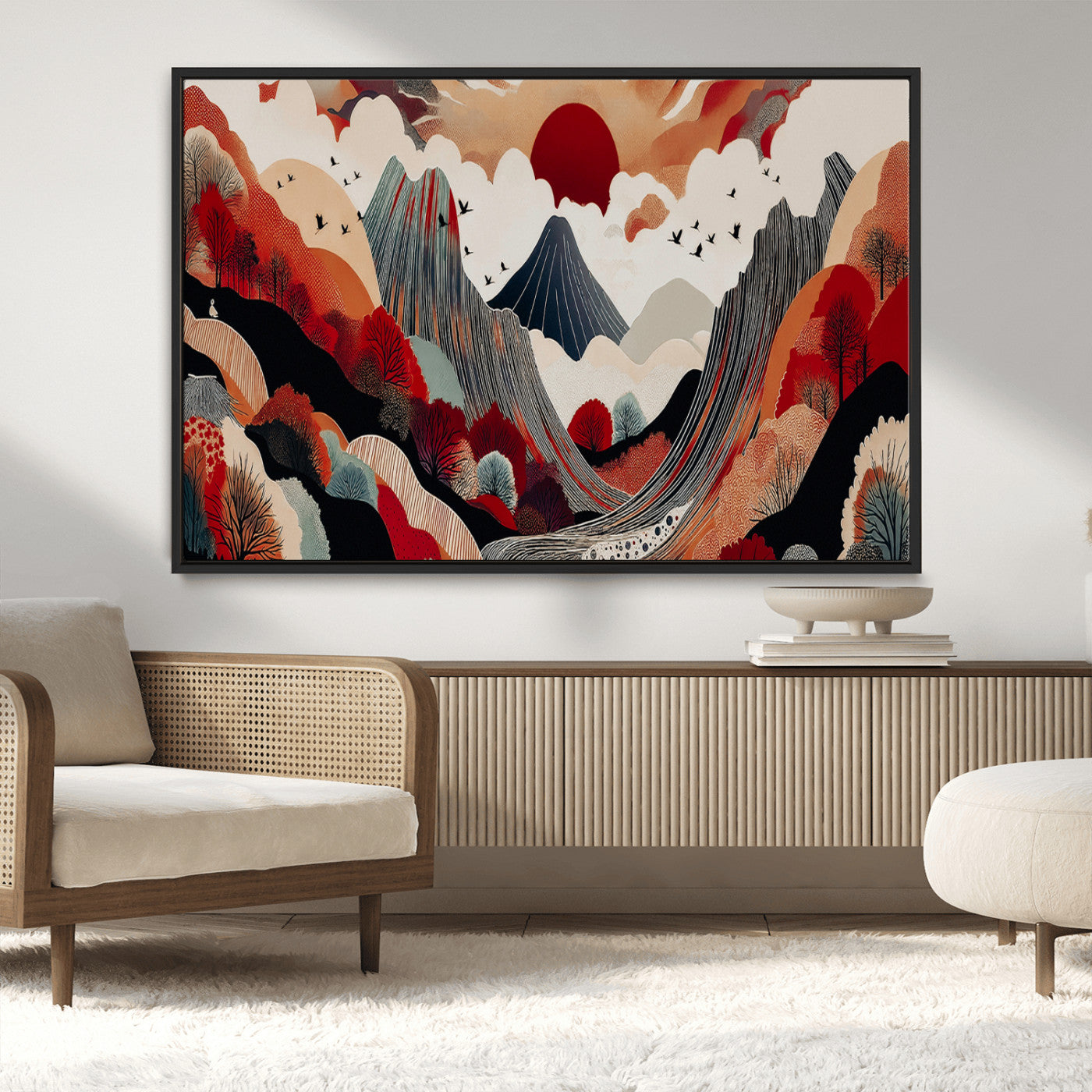 MGV-FC-36X24 - Abstract Mountain Wall Art Canvas Print, Framed Vibrant Landscape Art Picture Print, Stylized Nature Drawing Perfect Contemporary Minimalist Decor Artwork
