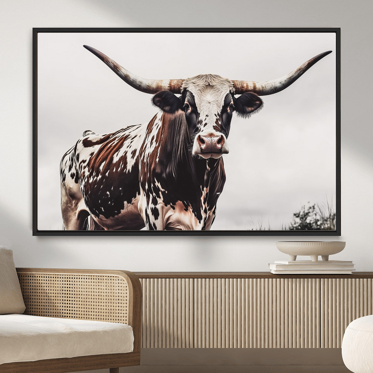 MGV-FC-36X24 - Texas Longhorn Wall Art Canvas Print, Framed Spotted Bull Art Picture Print, Horned Cattle Perfect Rustic Farmhouse Decor Artwork