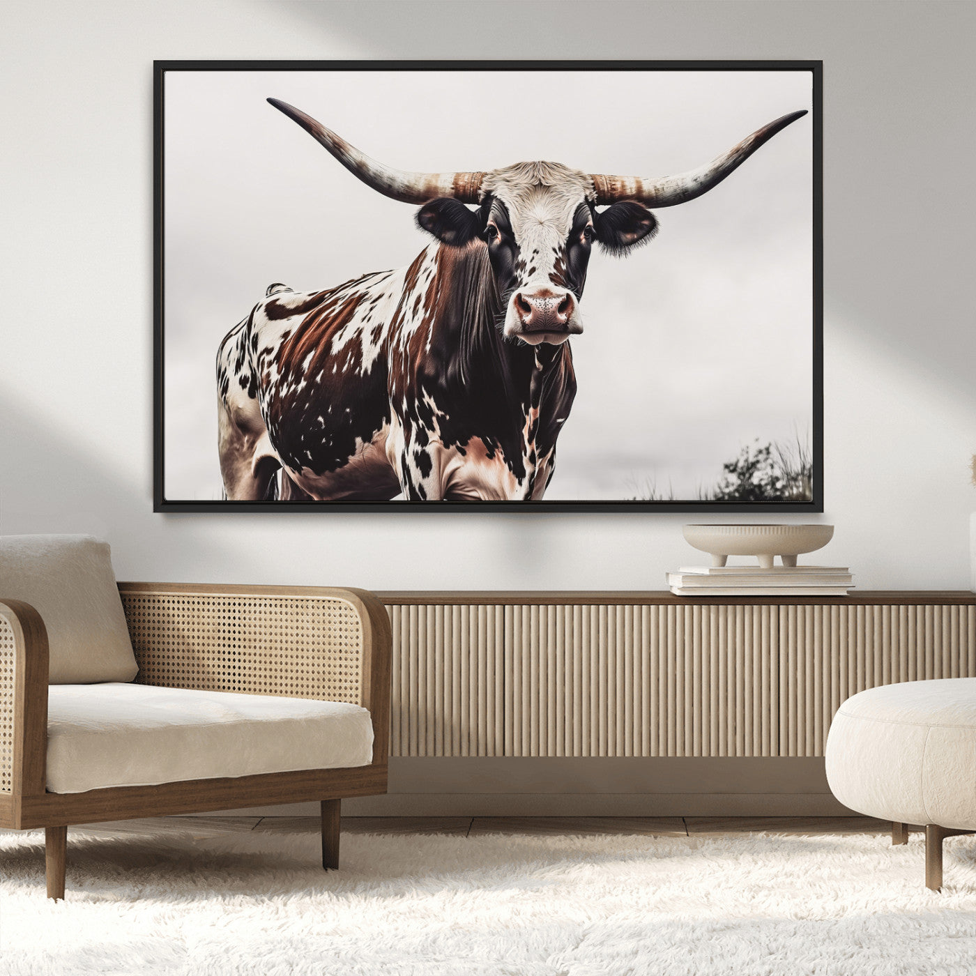 MGV-FC-36X24 - Texas Longhorn Wall Art Canvas Print, Framed Spotted Bull Art Picture Print, Horned Cattle Perfect Rustic Farmhouse Decor Artwork