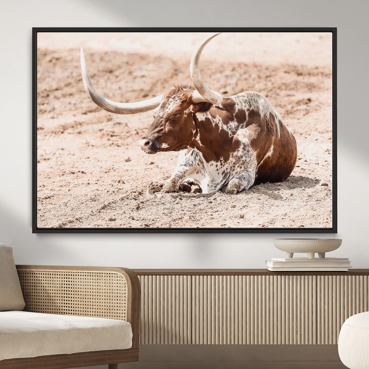 91248682-MGV-CV-36X24-Texas Longhorn Wall Art Canvas Print – Framed Resting Bull Scene with Spotted Cattle Artwork for Home, Office