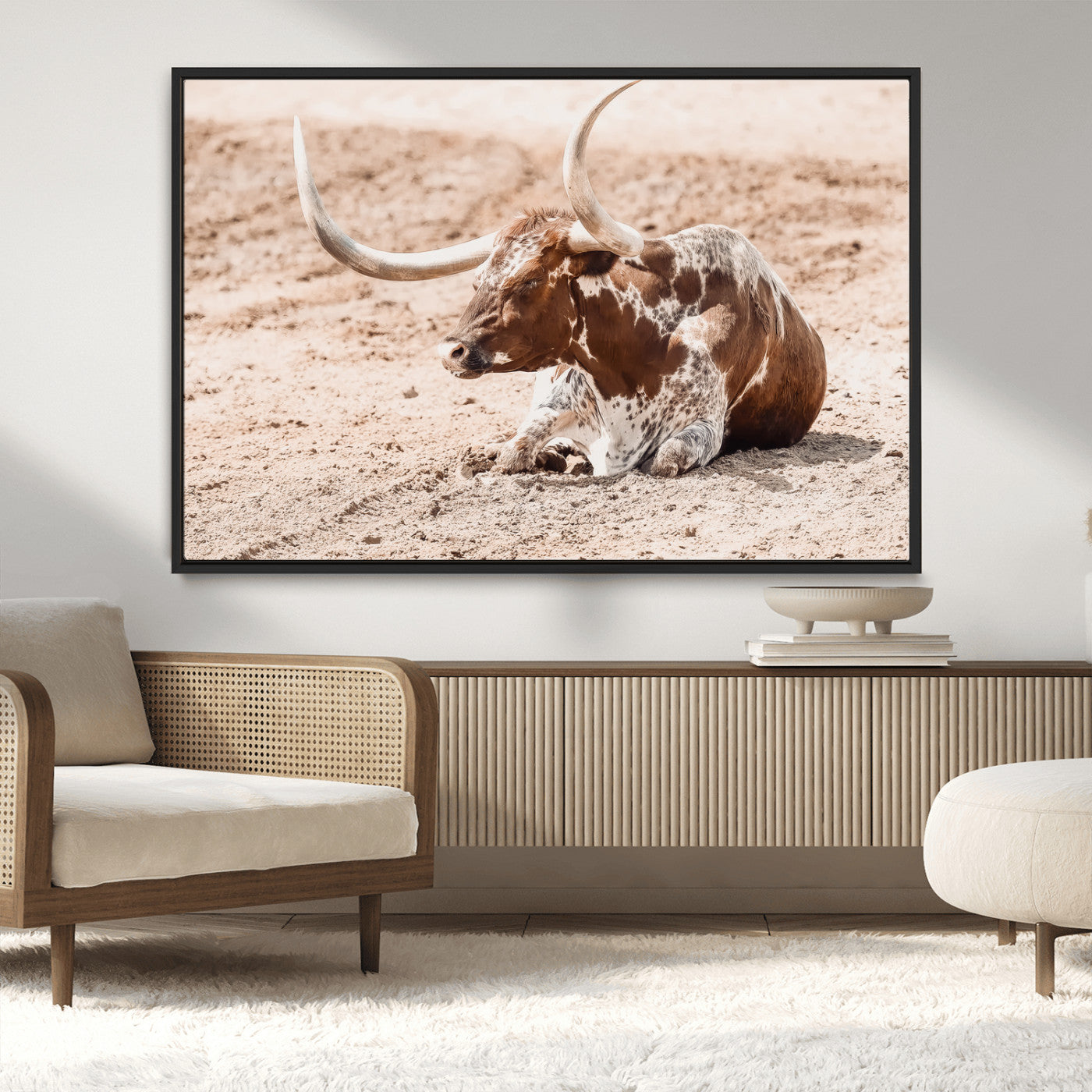 MGV-FC-36X24 - Texas Longhorn Wall Art Canvas Print, Framed Resting Bull Art Picture Print, Spotted Cattle Perfect Rustic Western Decor Artwork