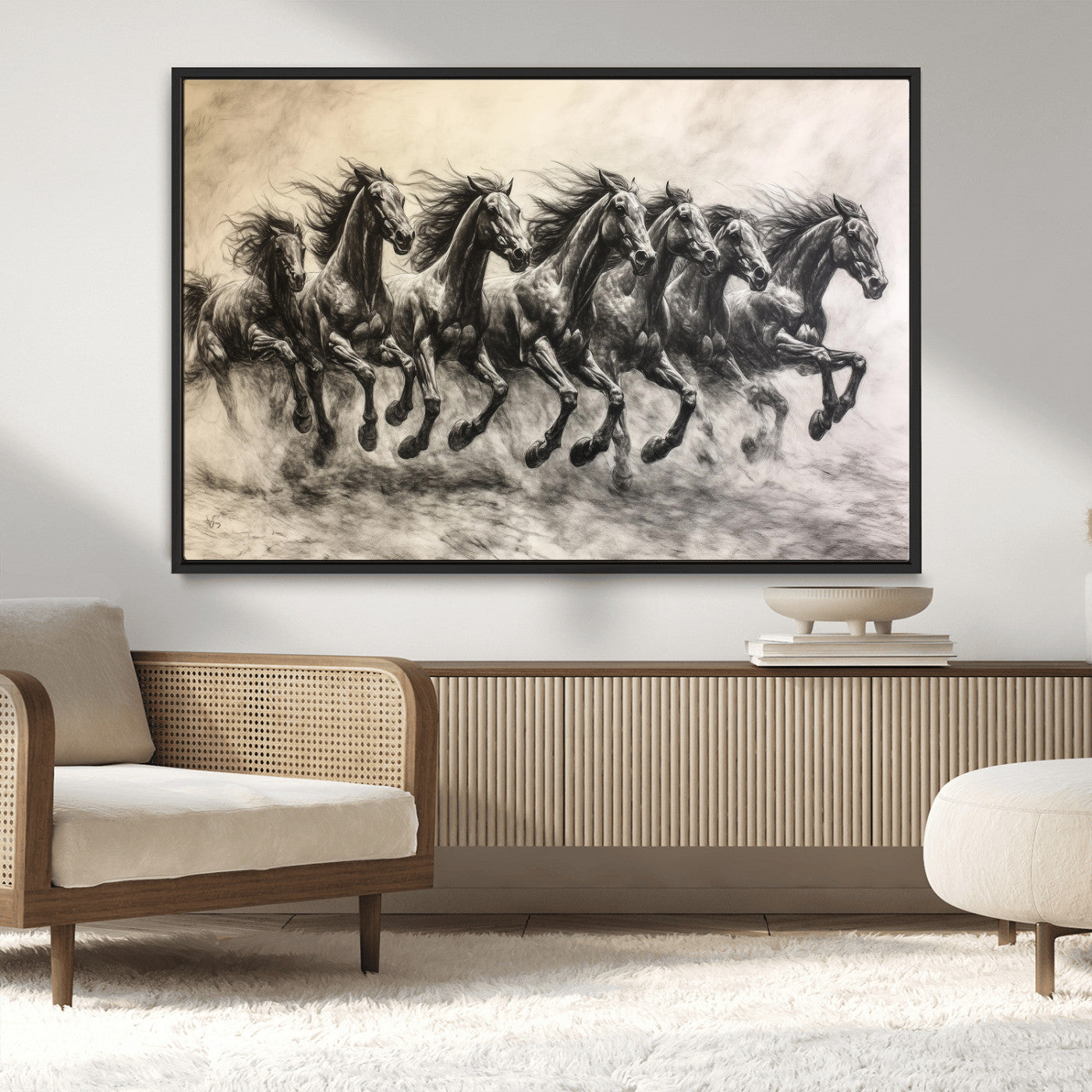 MGV-FC-36X24 - Galloping Horses Wall Art Canvas Print, Framed Wild Stallions Art Picture Print, Horse Herd Sketch Perfect Monochrome Dynamic Decor Artwork