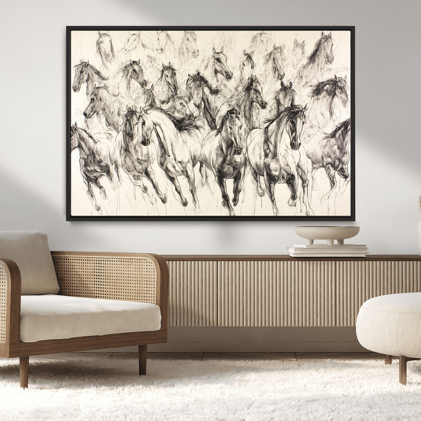 MGV-FC-36X24 - Running Horses Wall Art Canvas Print, Framed Horse Sketch Art Picture Print, Galloping Herd Perfect Monochrome Western Decor Artwork