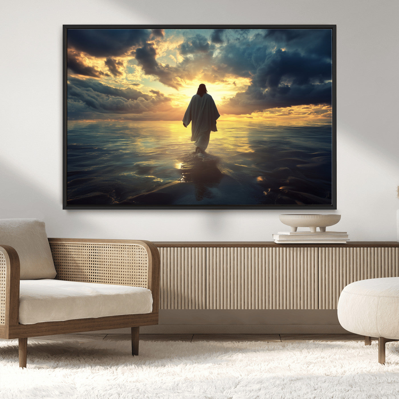 MGV-FC-36X24 - Jesus Walks Wall Art Canvas Print, Framed Divine Sunset Art Picture Print, Spiritual Light Perfect Spiritual Tranquil Decor Artwork