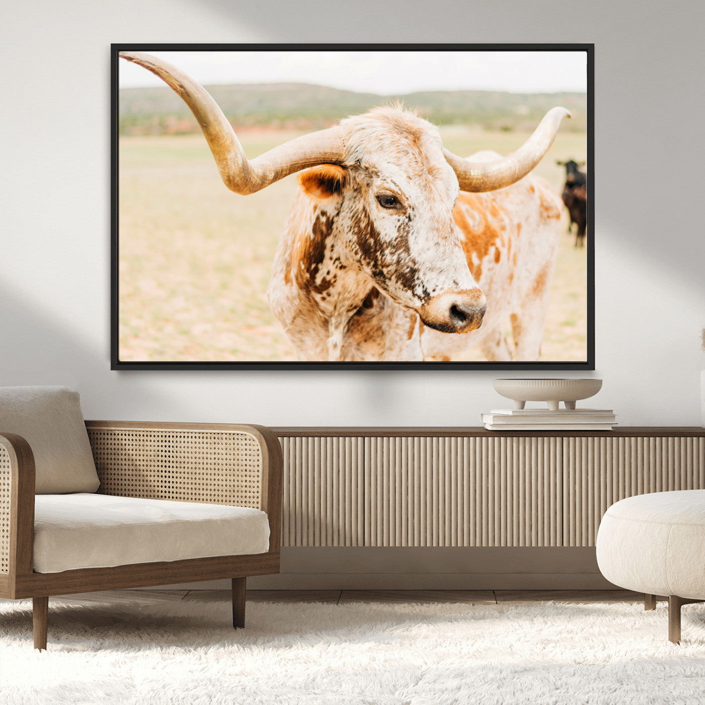 MGV-FC-36X24 - Texas Longhorn Wall Art Canvas Print, Framed Speckled Cow Art Picture Print, Rustic Bull Perfect Rustic Western Decor Artwork