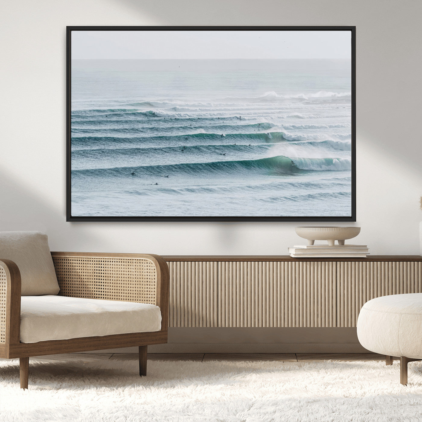 MGV-FC-36X24 - Ocean Waves Wall Art Canvas Print, Framed Surfer Lineup Art Picture Print, Crowded Ocean Perfect Minimal Coastal Decor Artwork