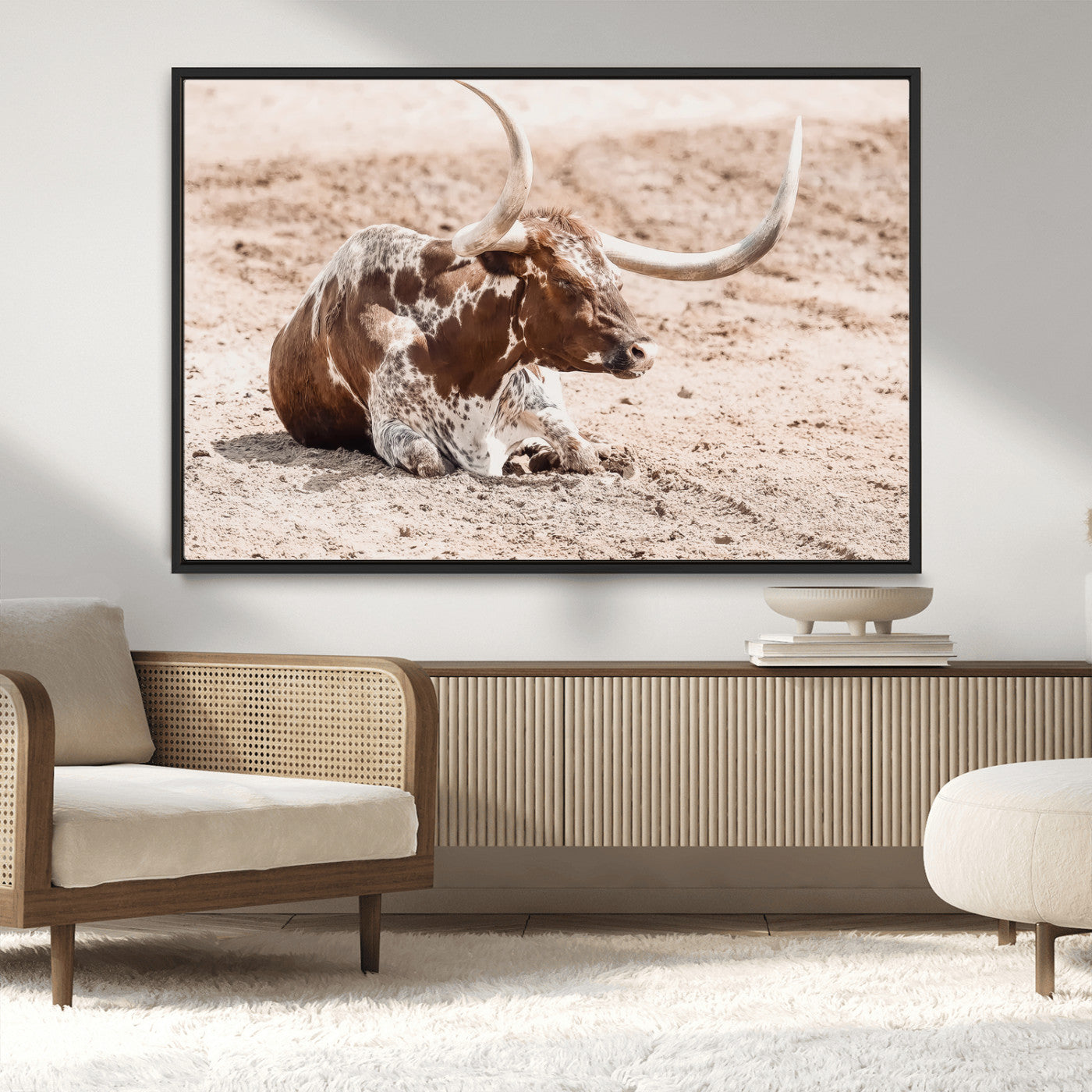 MGV-FC-36X24 - Texas Longhorn Wall Art Canvas Print, Framed Resting Bull Art Picture Print, Spotted Cattle Perfect Rustic Western Decor Artwork