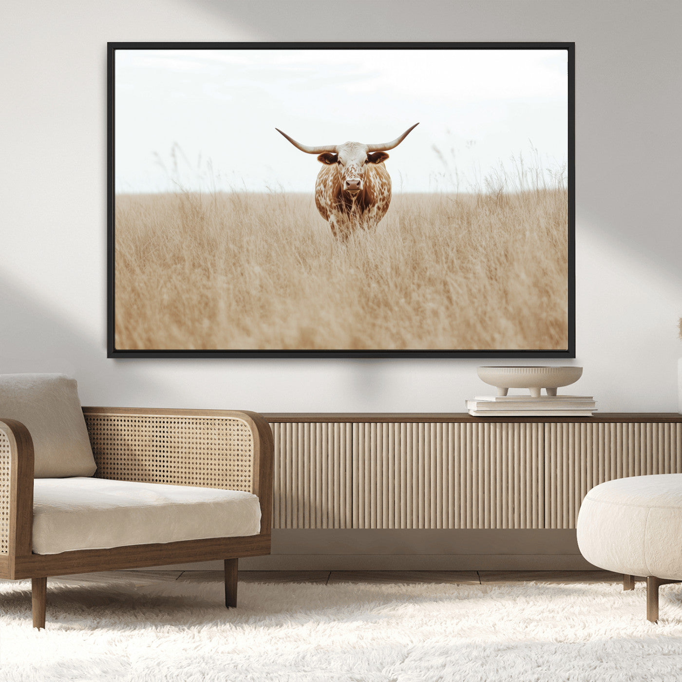 MGV-FC-36X24 - Texas Longhorn Wall Art Canvas Print, Framed Lone Cattle Art Picture Print, Longhorn Bull Perfect Rustic Western Decor Artwork
