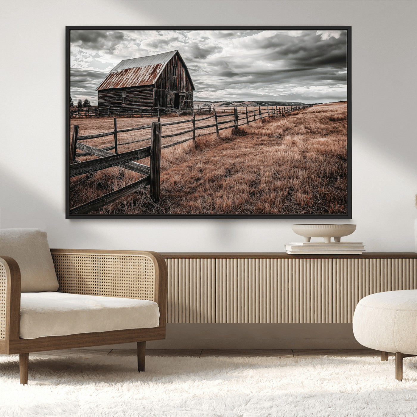 MGV-FC-36X24 - Rustic Barn Wall Art Canvas Print, Framed Moody Field Art Picture Print, Weathered Fence Perfect Moody Farmhouse Decor Artwork