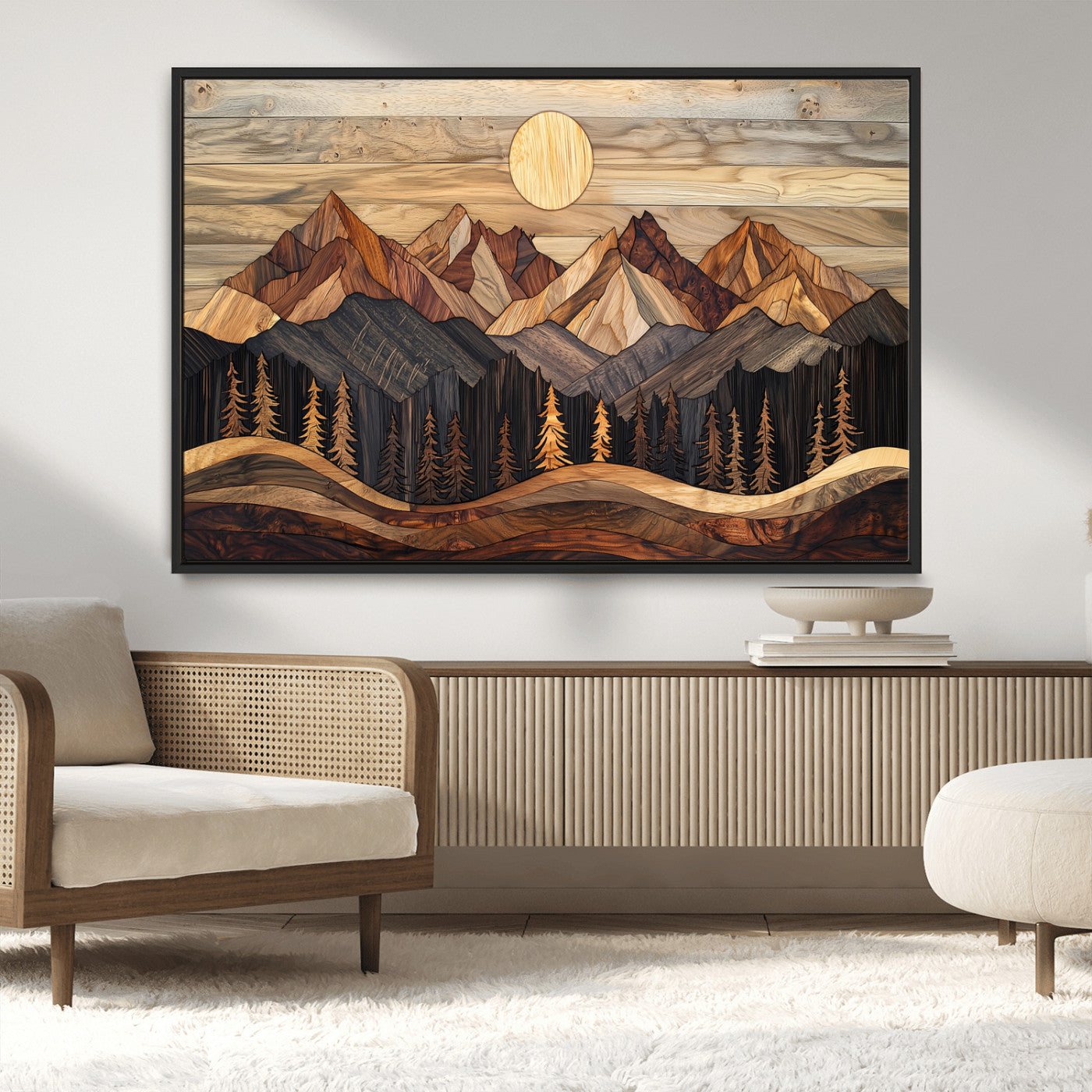 MGV-FC-36X24 - Wood Mountain Wall Art Canvas Print, Framed Boho Wood Art Picture Print, Abstract Woodland Perfect Farmhouse Decor Artwork