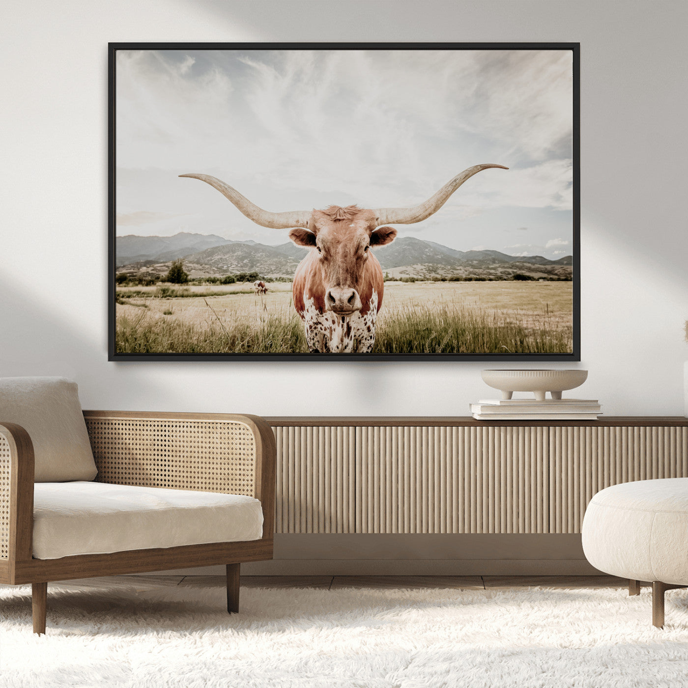 MGV-FC-36X24 - Texas Longhorn Wall Art Canvas Print, Framed Western Cow Art Picture Print, Rustic Farmhouse Perfect Farmhouse Decor Artwork