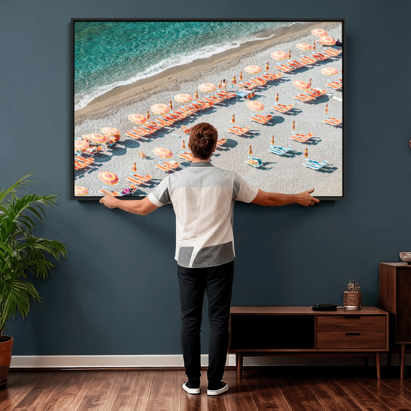 27805351-MGV-CV-36X24 - Beach Umbrellas Wall Art – Orange Loungers & Turquoise Water Canvas Print, Sandy Shore and Summer Vibes