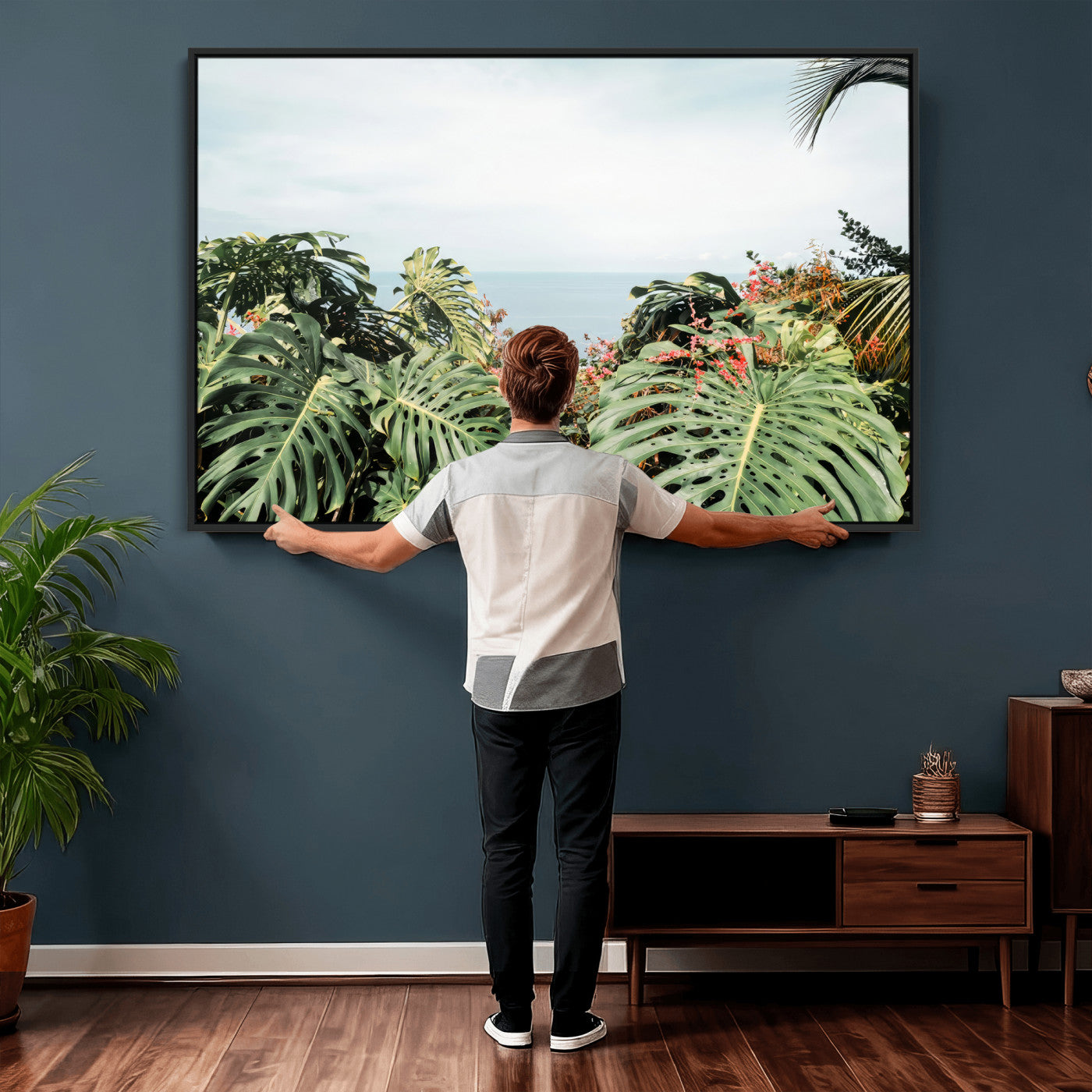 45700479-MGV-CV-36X24 - Tropical Greenery Wall Art – Exotic Leaves & Ocean View Canvas Print, Sunlit Paradise and Vibrant Nature for Living Room or Coastal Decor