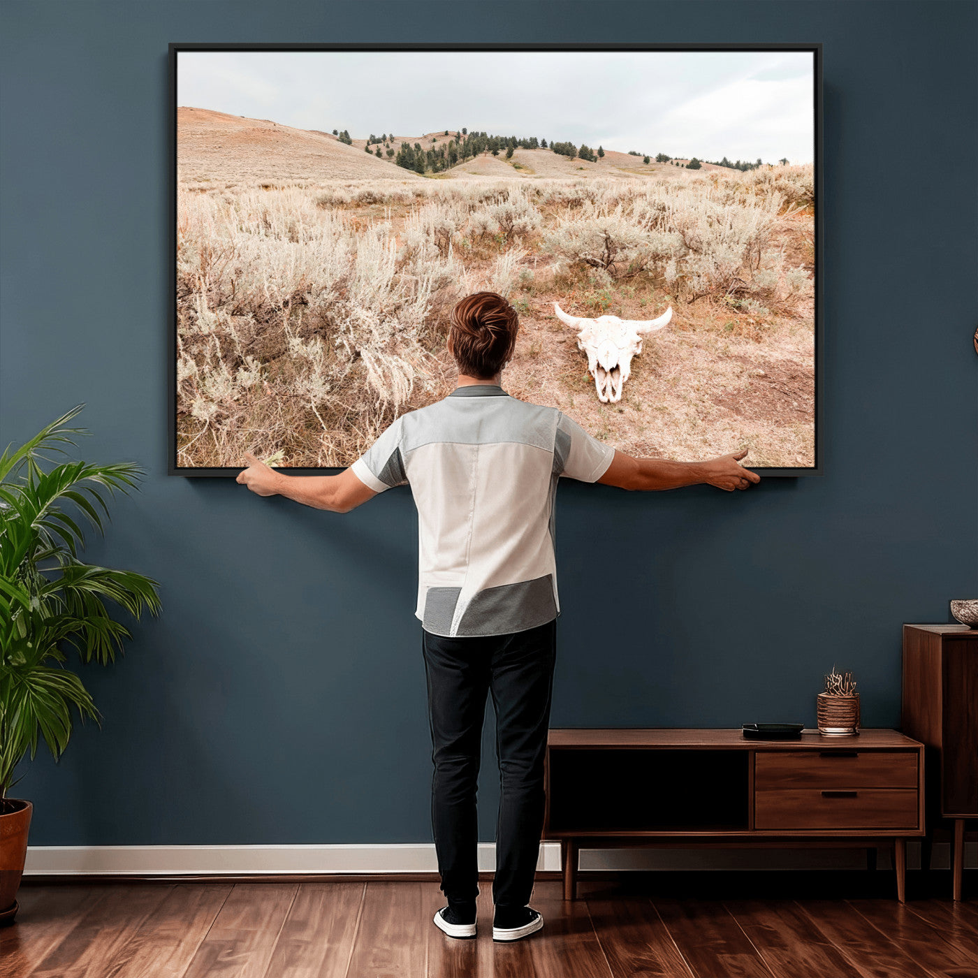 97234735-MGV-CV-36X24 - Desert Skull Wall Art – Arid Landscape & Sagebrush Canvas Print, Rustic Nature and Earth Tones for Living Room or Minimalist Decor