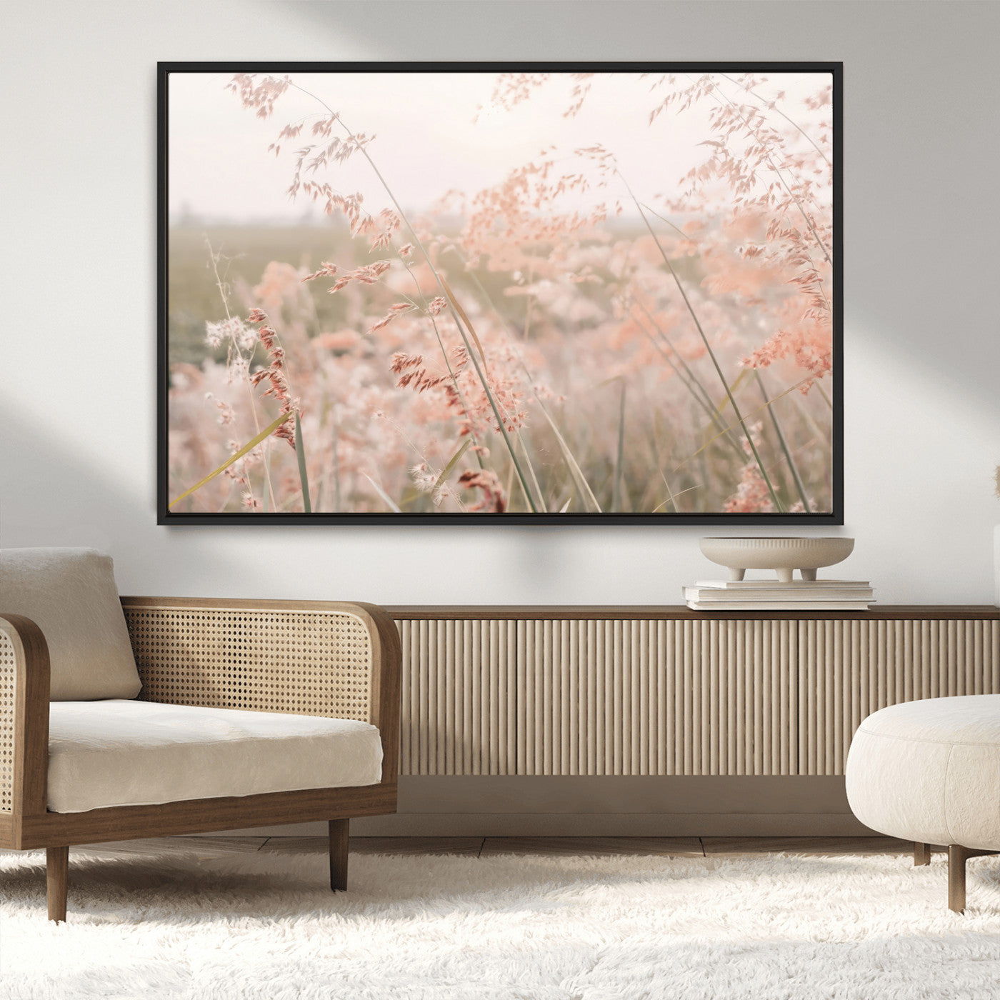 MGV-FC-36X24 - Pastel Grasses Wall Art Canvas Print, Framed Soft Meadow Art Picture Print, Field in Breeze Perfect Soft Pastel Minimal Decor Artwork