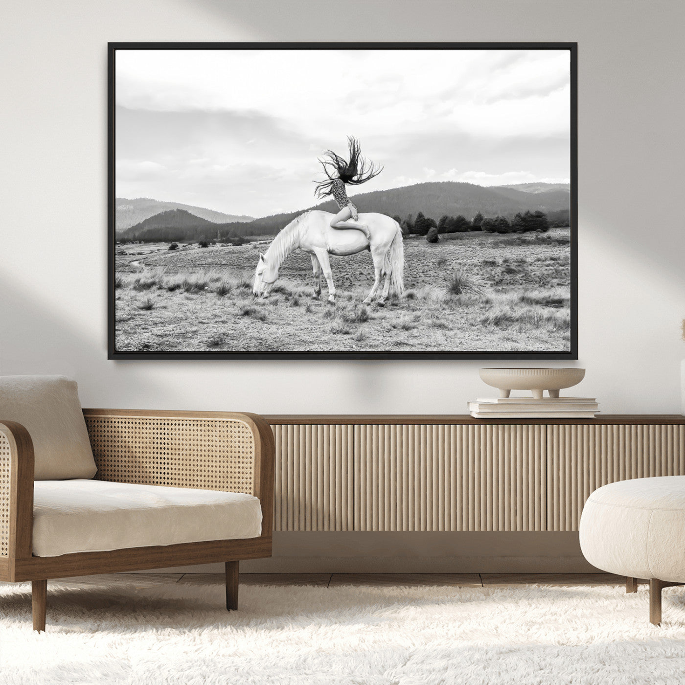 MGV-FC-36X24 - White Horse Wall Art Canvas Print, Framed Woman Rider Art Picture Print, Equestrian Pose Perfect Western Boho Decor Artwork