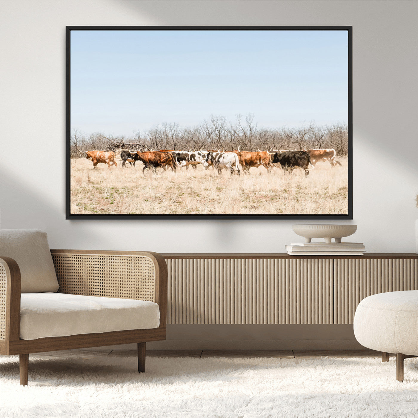 MGV-FC-36X24 - Texas Longhorns Wall Art Canvas Print, Framed Western Cattles Art Picture Print, Rustic Herd Perfect Rustic Farmhouse Decor Artwork